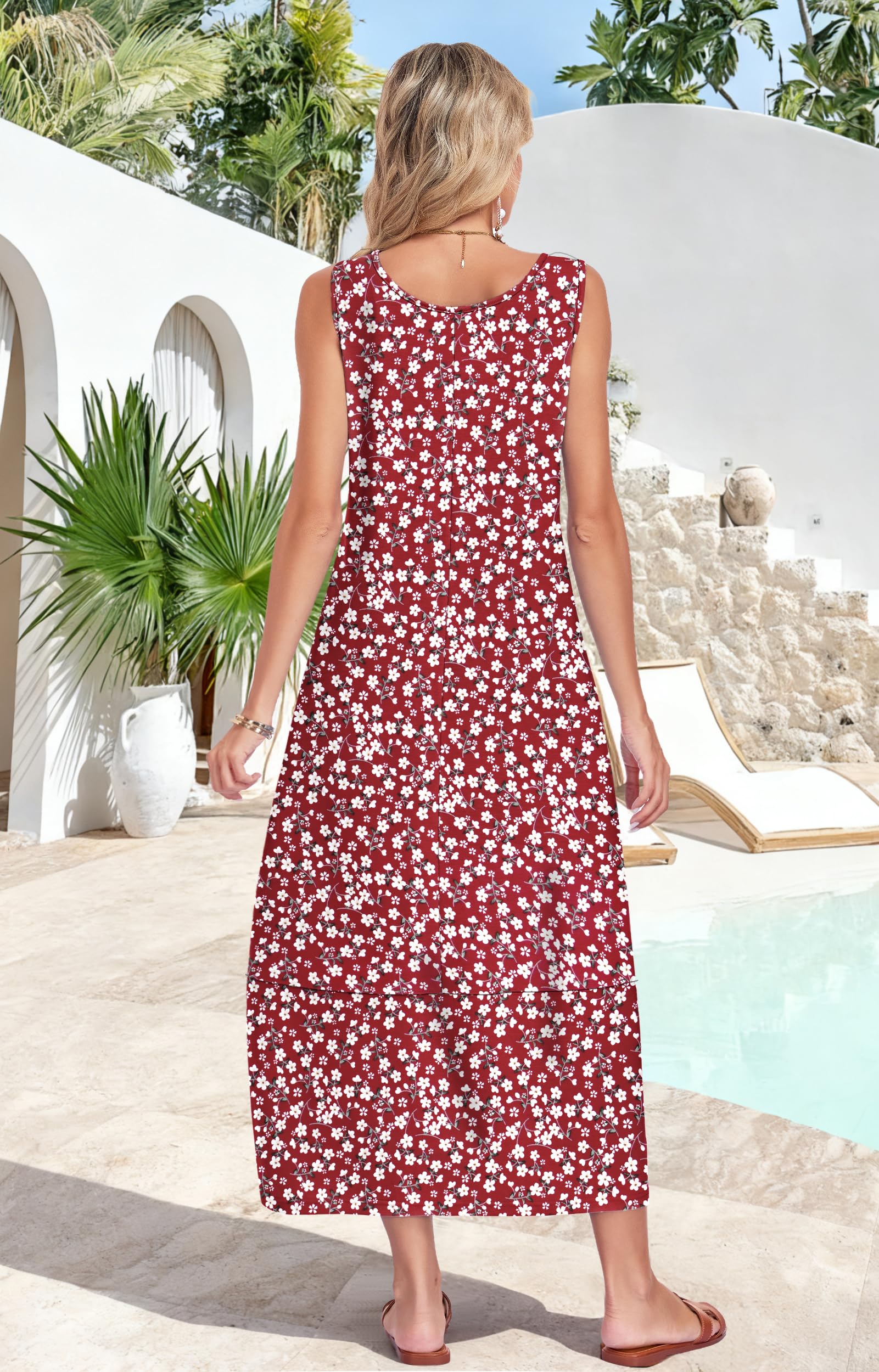 MOLERANI Robe Longue Femme sans Manches de Plage Robes Maxi à Col en U avec Poches Été Robe Hippie Boheme S-2XL