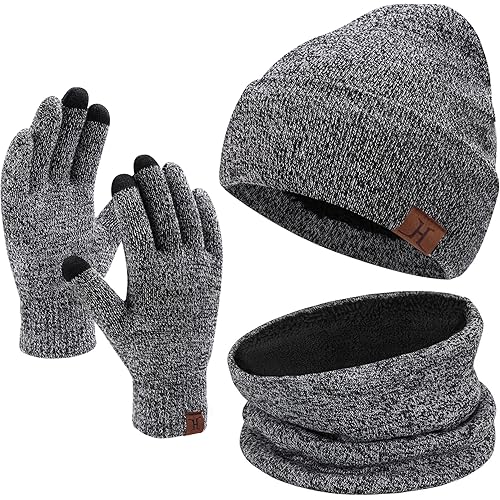 Winter Beanie Hat Scarf Touchscreen Gloves Set for Men and Women, Beanie Gloves Neck Warmer Set with Warm Knit Fleece Lined
