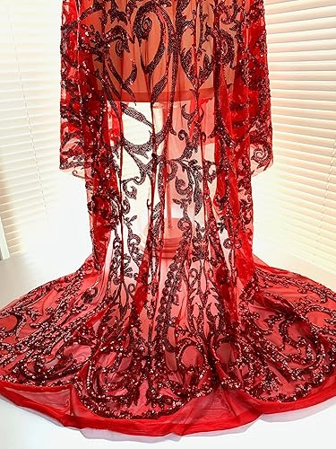 Esmeralda Red Sequins on Mesh Lace Fabric by The Yard - 10102