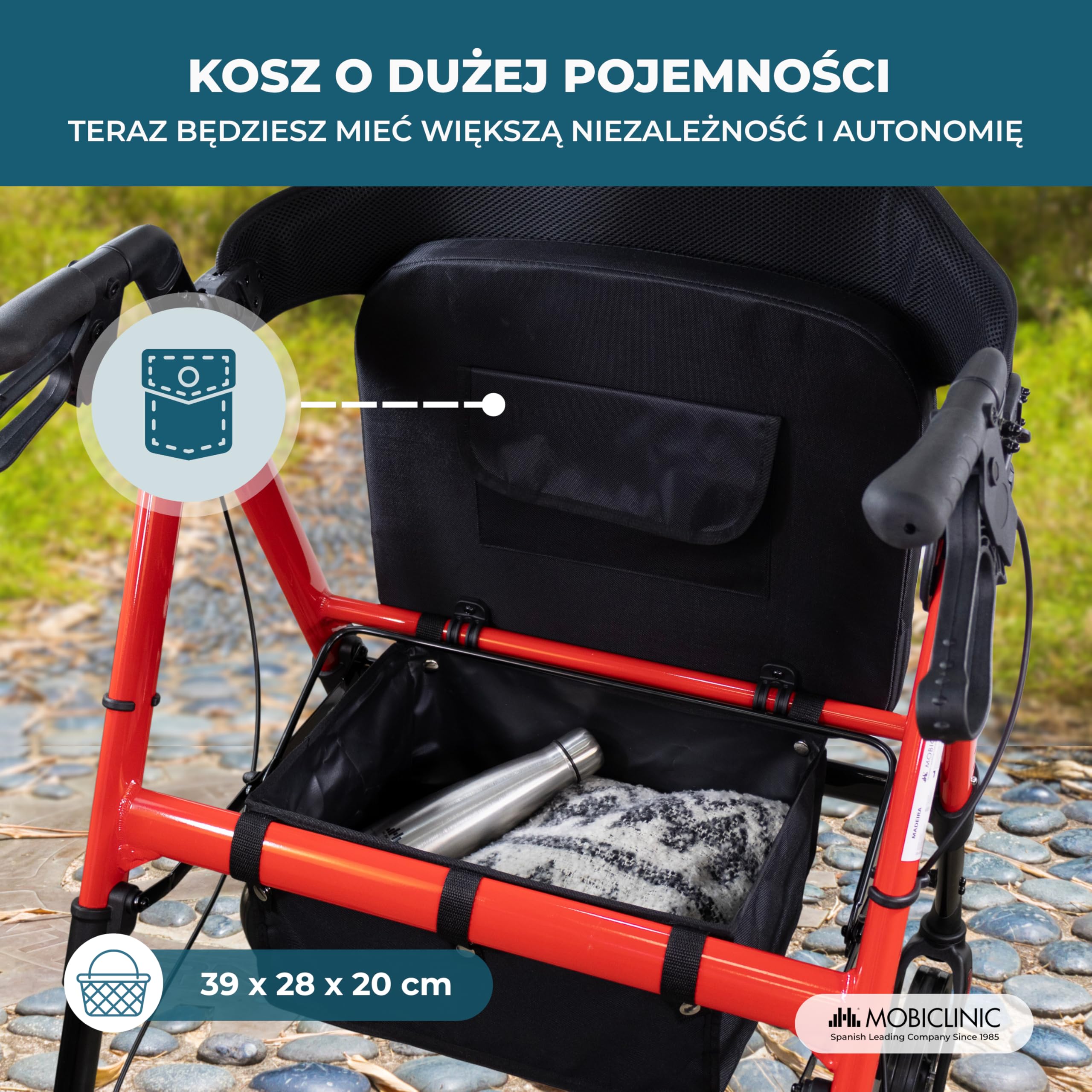 Mobiclinic®, Chodzik Bariatryczny, XXL, do 204 Kg, Specjalna Szerokość, Składany, Regulowana Kierownica i Siedzisko, Kółka 360º, Oparcie, Kosz XL, Wzmocnione Aluminium, Madeira