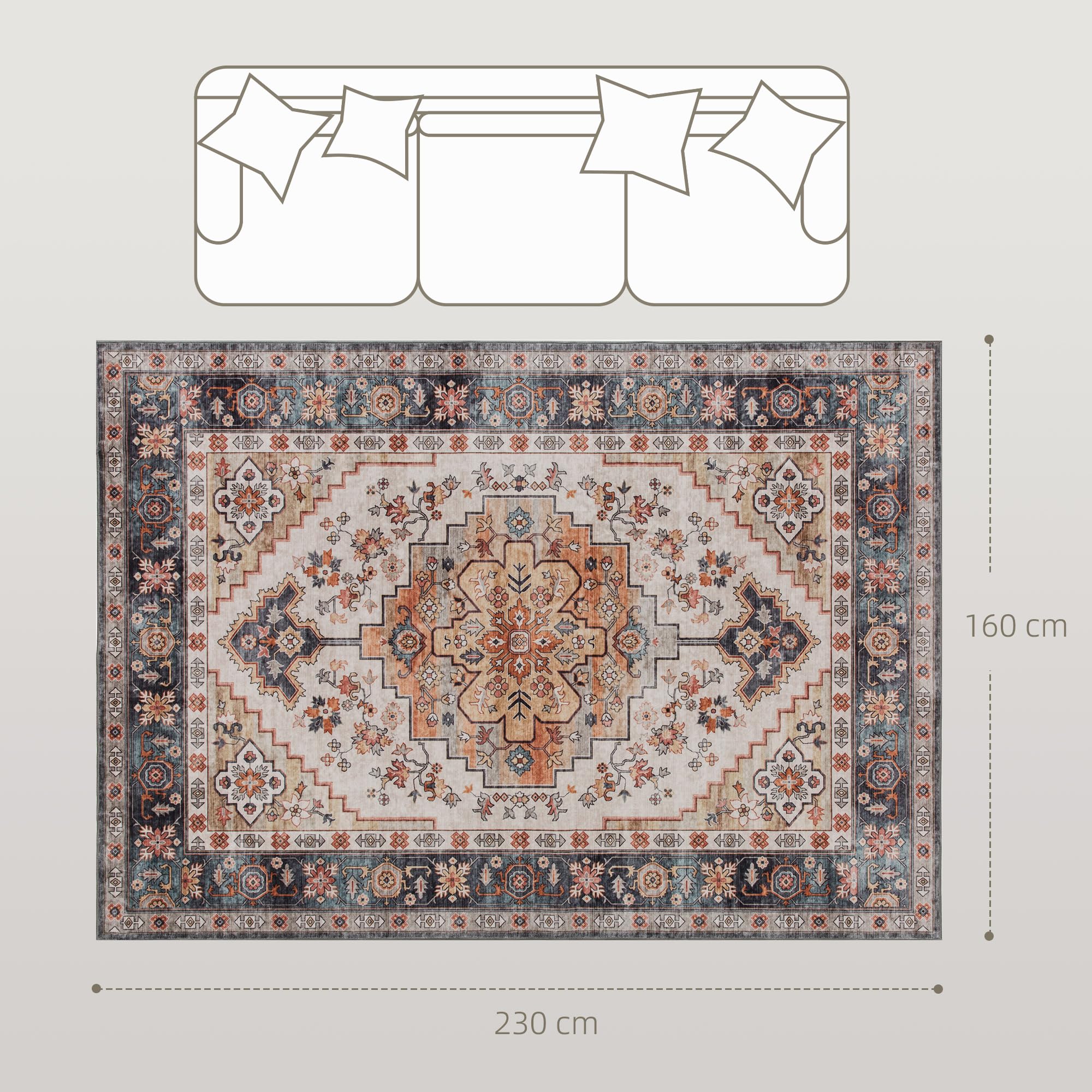 HOMCOM Tappeto Stile Bohemien Antiscivolo e Lavabile 230x160 cm Marrone | Tappeto per Salotto e Camera da Letto, Pelo Corto