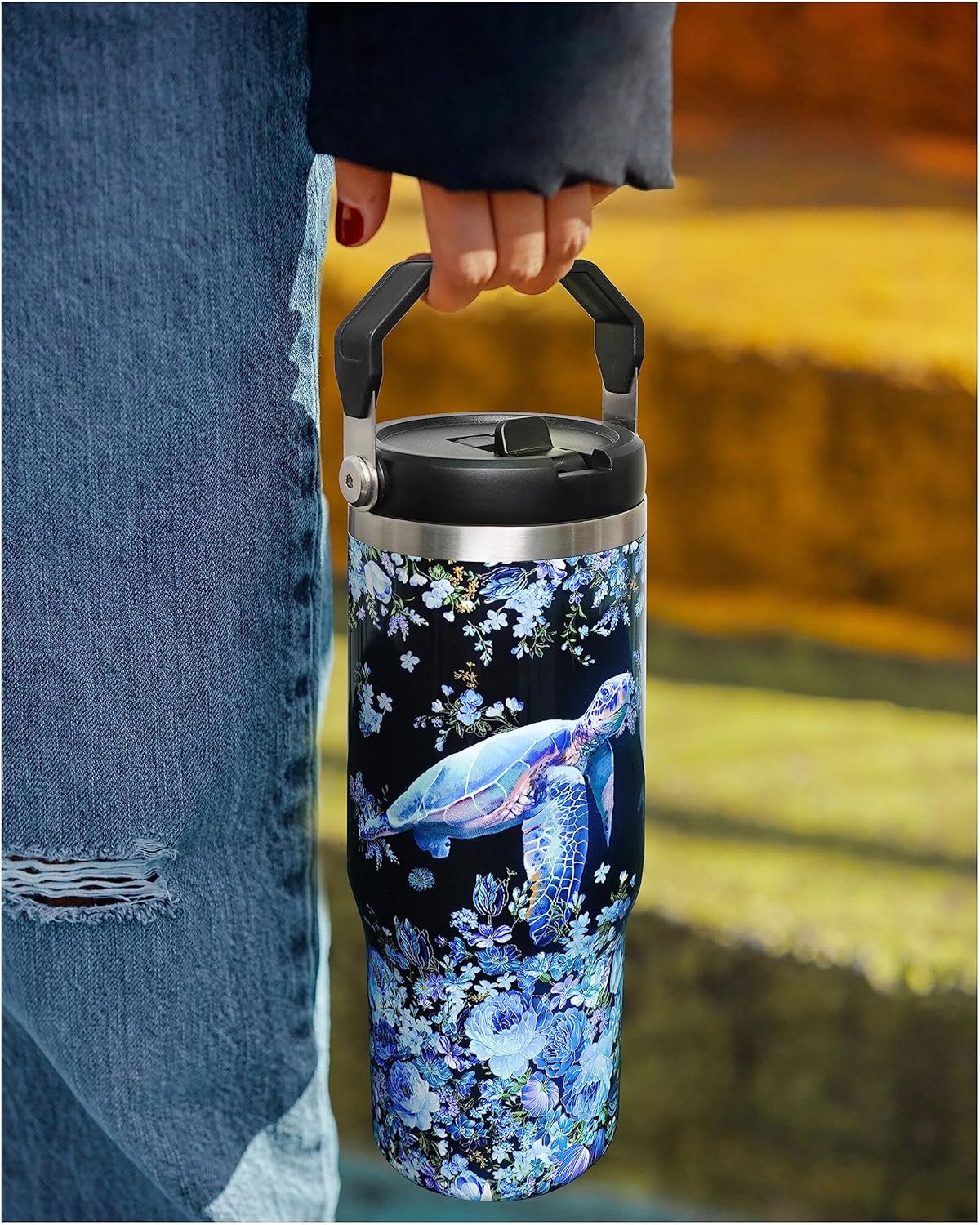 30oz Sea Turtle Gifts Tumblers for Women with Handle and Straws, Stainless Steel Vacuum Insulated Coffee Tumbler, Travel Mug Water Bottle, Sea Turtle Stuff Accessories Decor - Image 3
