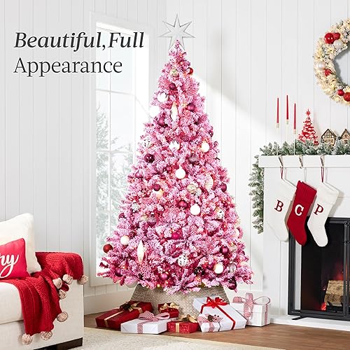 Miniatura 3 de Best Choice Products Árbol de Navidad rosa preiluminado de 6 pies, abeto completo con nieve artificial, decoración navideña con 250 luces, 928
