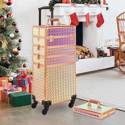 Miniatura 8 de Estuche de maquillaje rodante, estuche de maquillaje con tapa, estuche de cosmetología 5 en 1 sobre ruedas, regalo de Navidad, organizadores de
