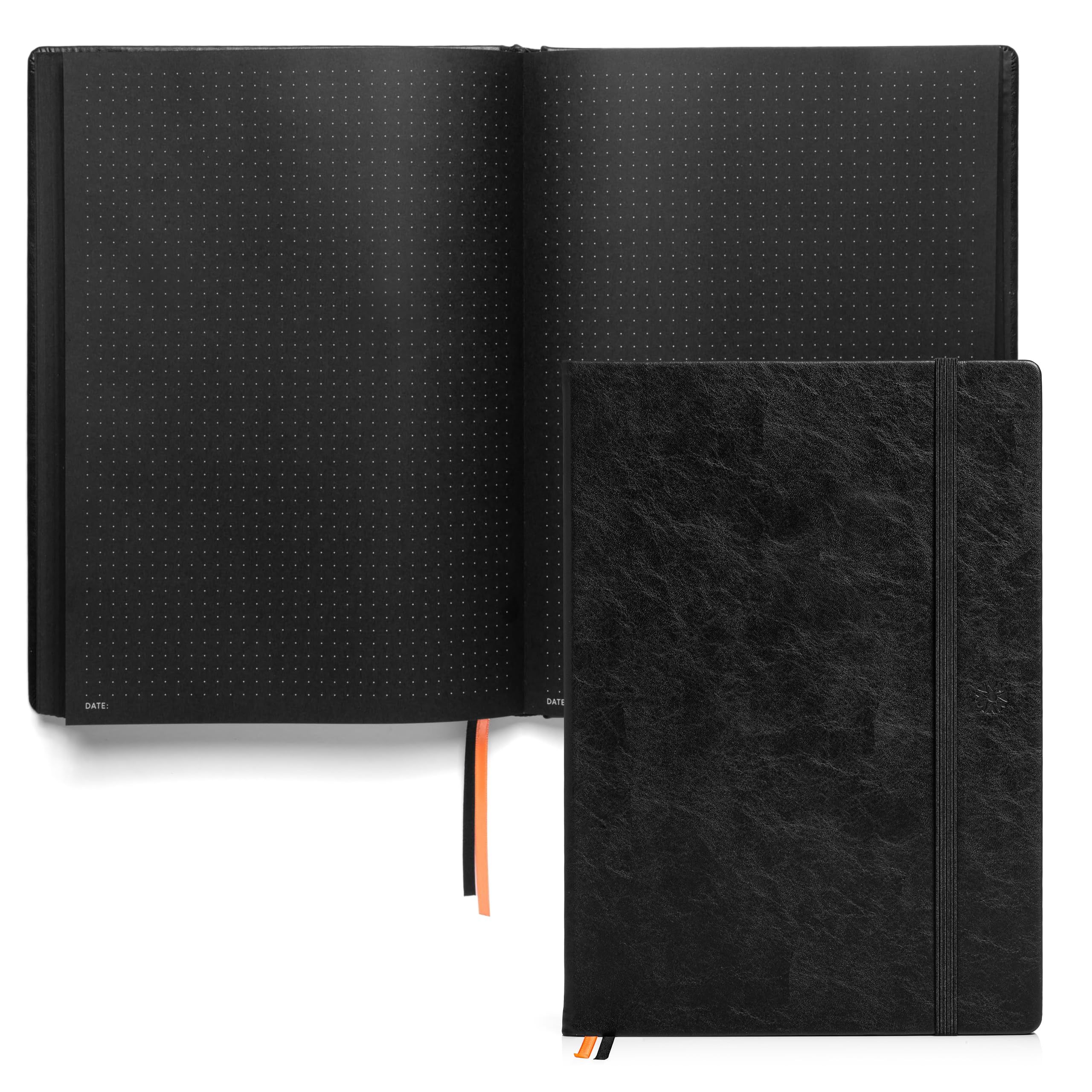 Notsu Pitch Black Paper Notebook B5 Dotted Journal 2pk | Minimalist Bullet Dot Grids with 160 Black Pages of Premium Thick 150gsm Paper, Vegan Leather Hardcovers