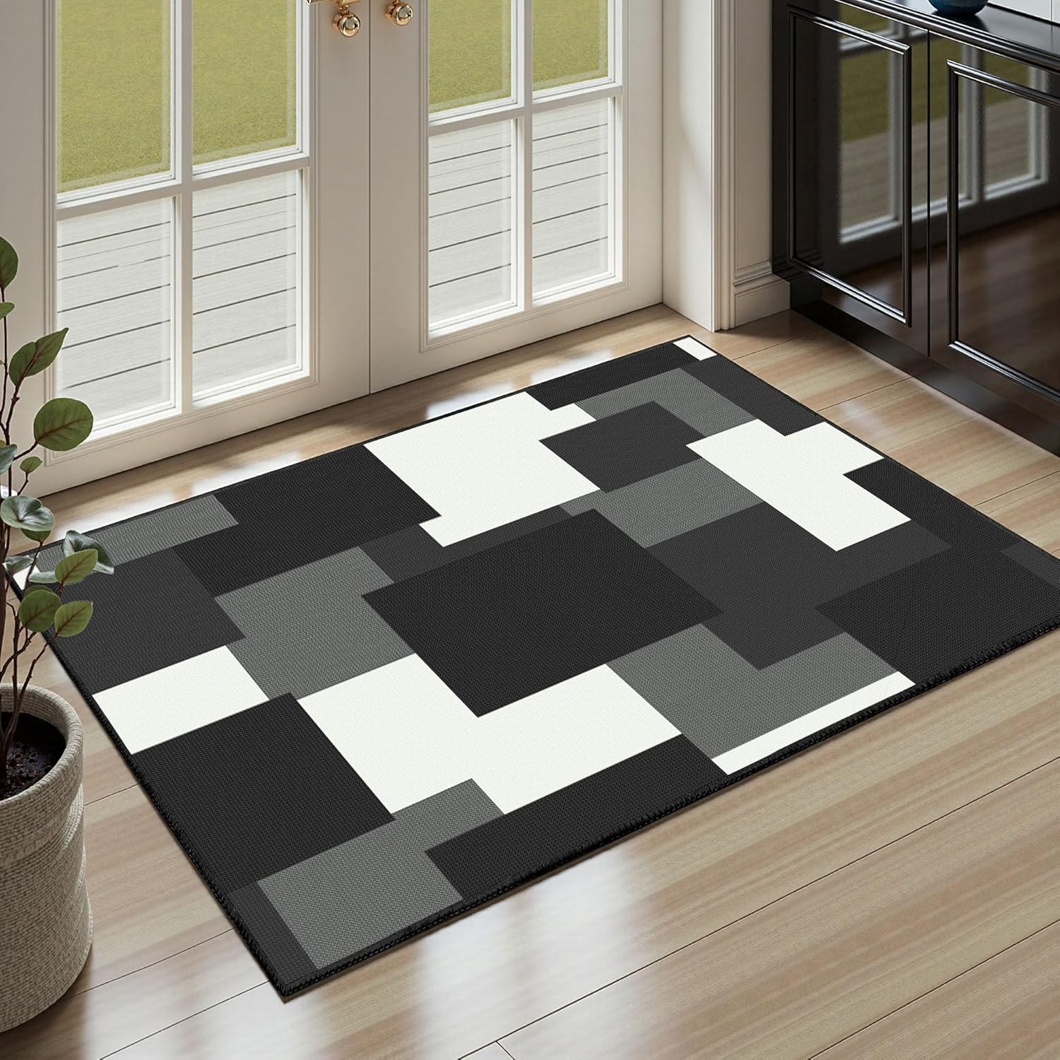 Tyrot 2x3 Washable Rug Non Slip Small Modern Geometric Entryway Area Rug Abstract Indoor Door Mat Ultra Thin Linen-Look Throw Rugs for Bathroom Kitchen Entrance, Black White Grey