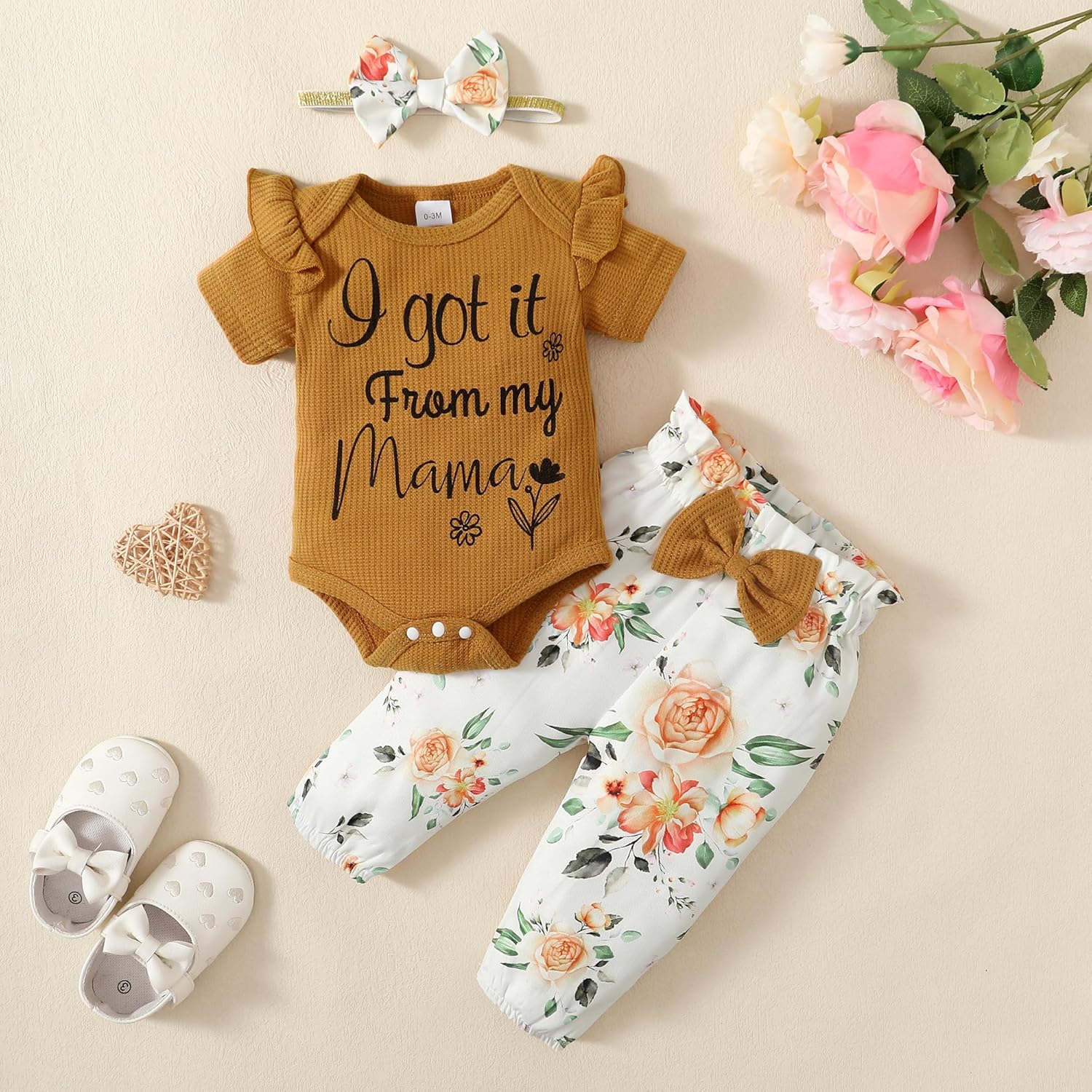 OLLUISNEO Baby Girl Clothes Newborn Infant Fall Outfit Romper Winter Floral Pant Set Headband 3 Pcs Clothes for Girl 0-3 Months Brown-shortsleeve image 2 of 7 B0DTHLK71R