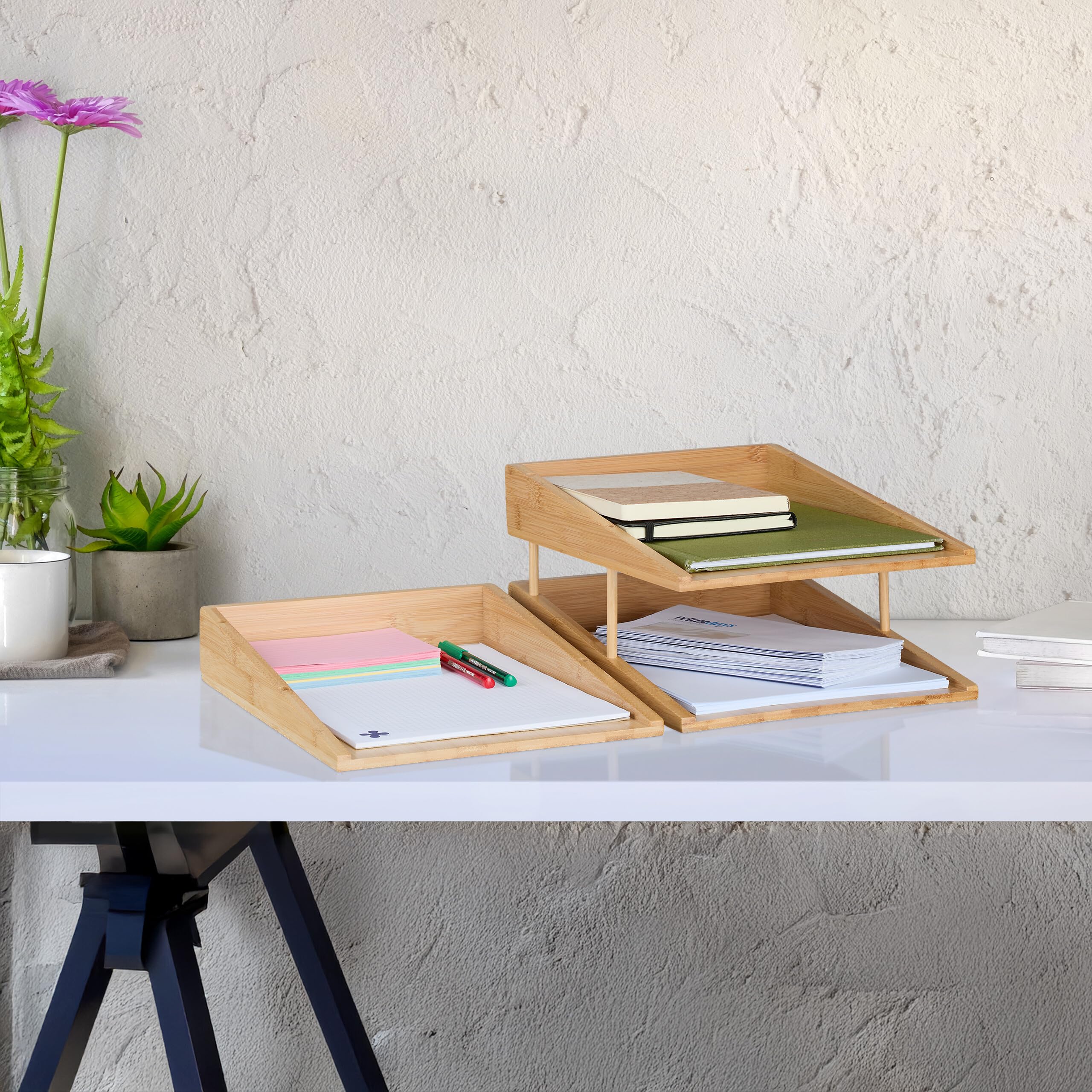 Relaxdays Bandejas Oficina Apilables, 3 Compartimentos, Bambú, DIN A4, Organizador Escritorio, Portadocumentos, Natural