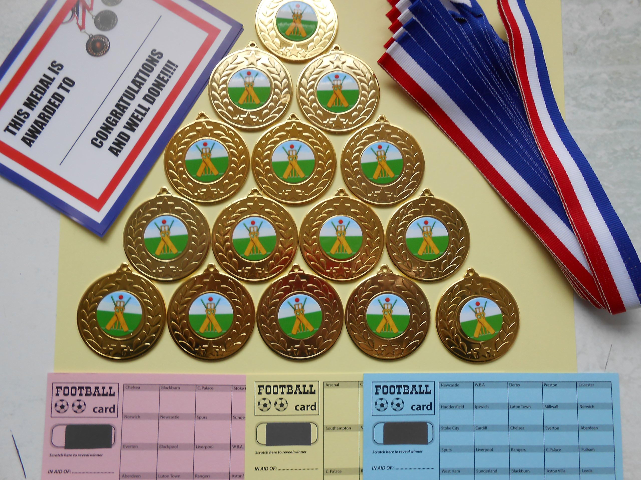 CRICKET TROPHY MEDALS 50MM METAL WITH RIBBON/CERTIFICATES/SCRATCH CARDS = SET OF 15