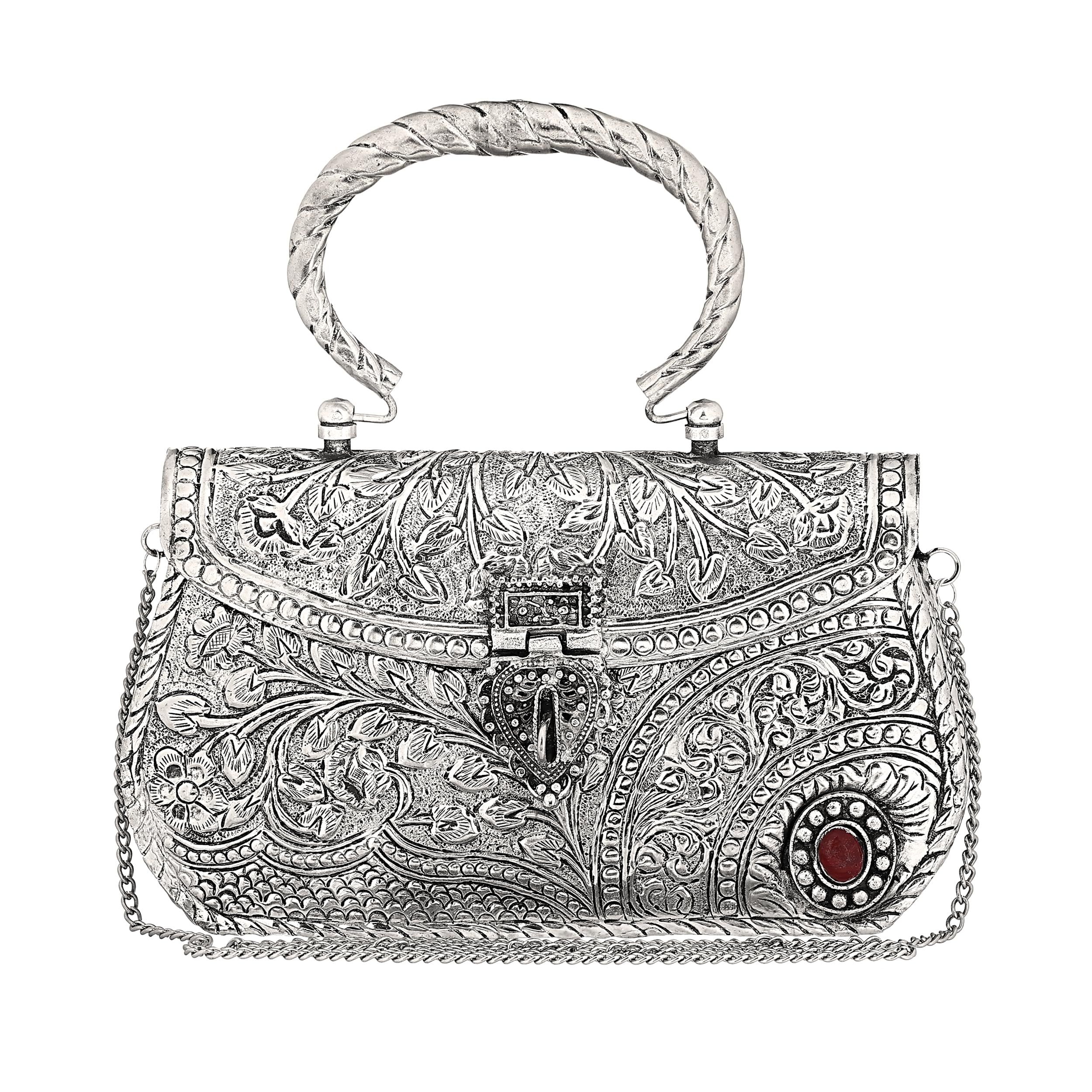 Brass Purse with Intricate Floral Engraving, Silver Finish, Chain Strap Clutch Bag,Metal Bag,Party Bag,Women sling Bag-image-13