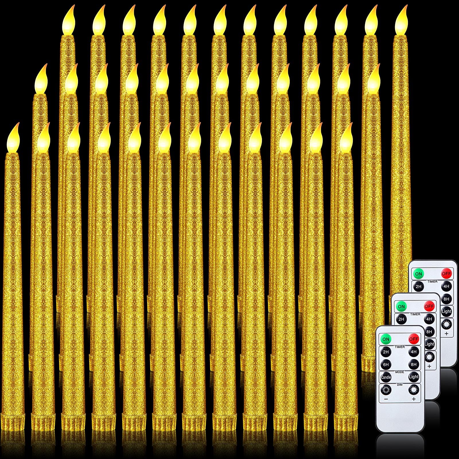36 Pcs Flameless Taper Candles 11" LED Candles with Remote and Timer Flickering LED Candlesticks with 3D Wick Plastic Tapered Candles Battery Operated LED Window Candles for Home (Glitter Gold)