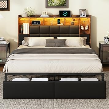 Full Size Bed Frame with LED Light and Charging Station, Bookshelf PU Leather Upholstered Headboard with 2 Hidden Storage Drawers, Full Platform Bed with Heavy Duty Slats Support, Noise Free, Black
