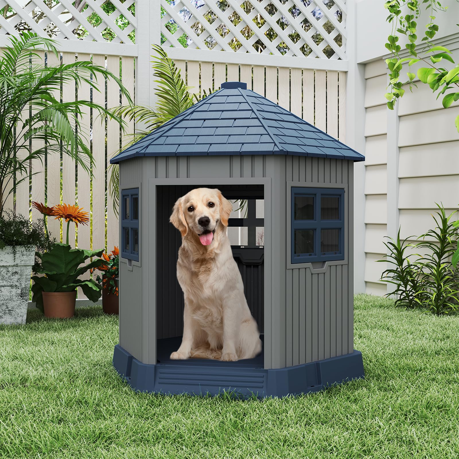 COSTWAY Caseta Perros Exterior de Plástico, 76x90x96 cm, Casa para Perros Grande con 2 Ventanas y Claraboya, Techo Inclinado, Entrada Amplia, Impermeable, Caseta para Perro en Forma de Granero