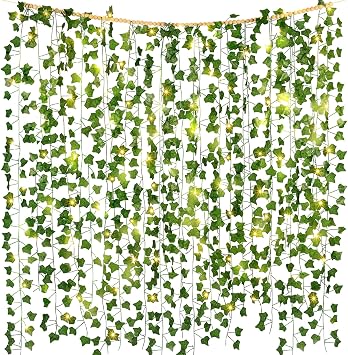 Giegxin 12 Pack 84ft Hanging Fake Vines with 100 LED String Light Artificial Plant Leave Wood Bead Set Faux Ivy Vine Garland for Greenery Room Wedding Party Wall Garden DecorPothos
