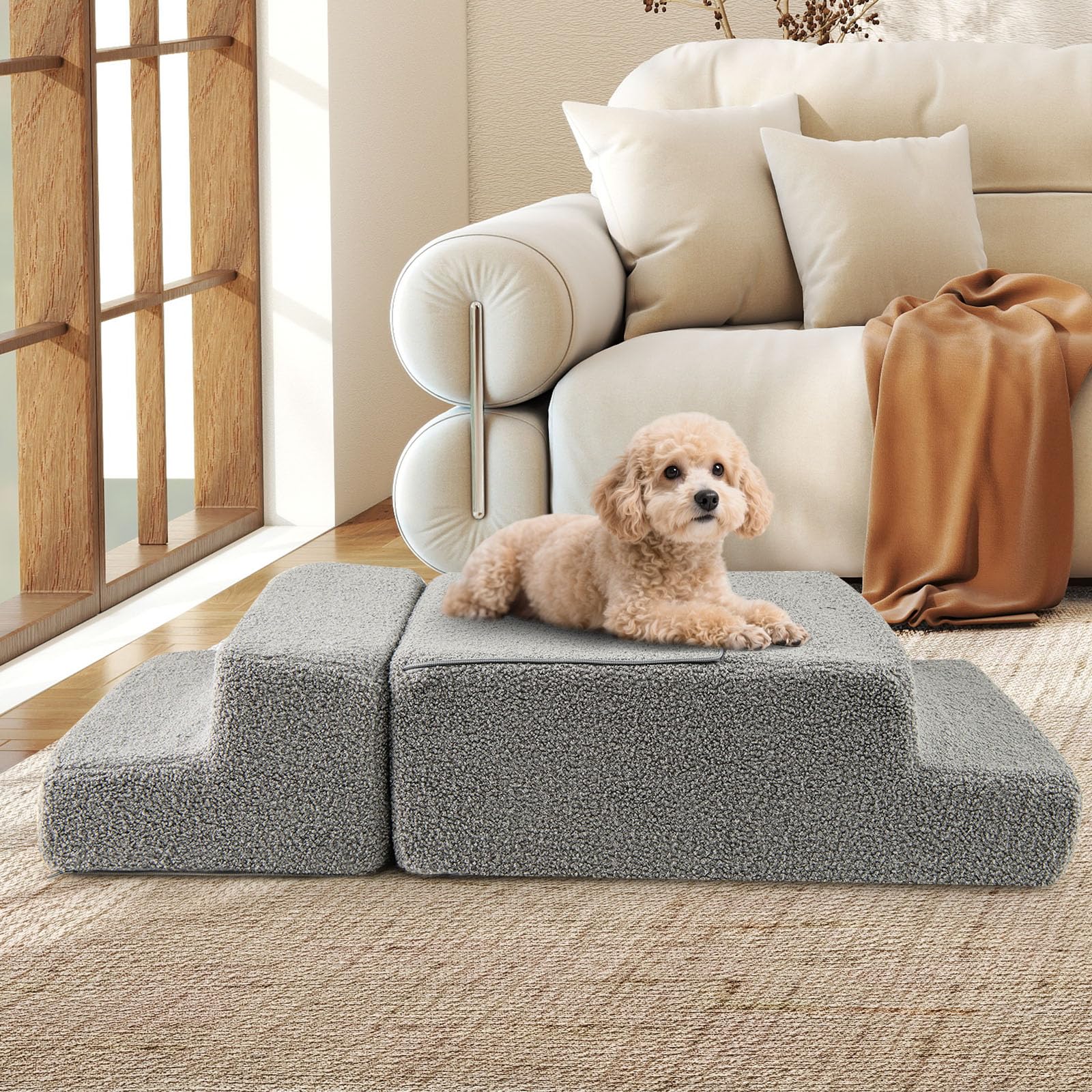 GYMAX Escalera para Perros 4 Peldaños, Rampa Plegable para Mascotas con Base Antideslizante, Combinaciones Desmontables, Escalera de Espuma para Sofá Cama, para Perros/Gatos Pequeños y Ancianos, Gris