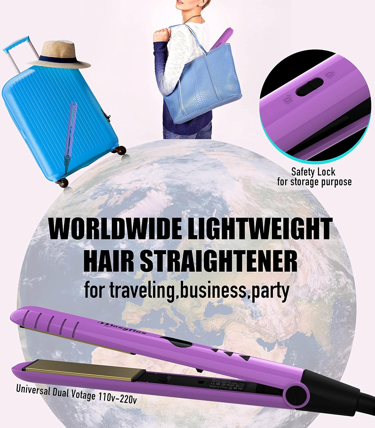 2 in 1 Hair Straightener and Curler-15s Fast Heating Ceramic Flat Iron, LCD Temp Display,Wide Plates for Short/Long Hair, Portable Travel Straightener with Heat-Resistant Glove & Clips,Purple