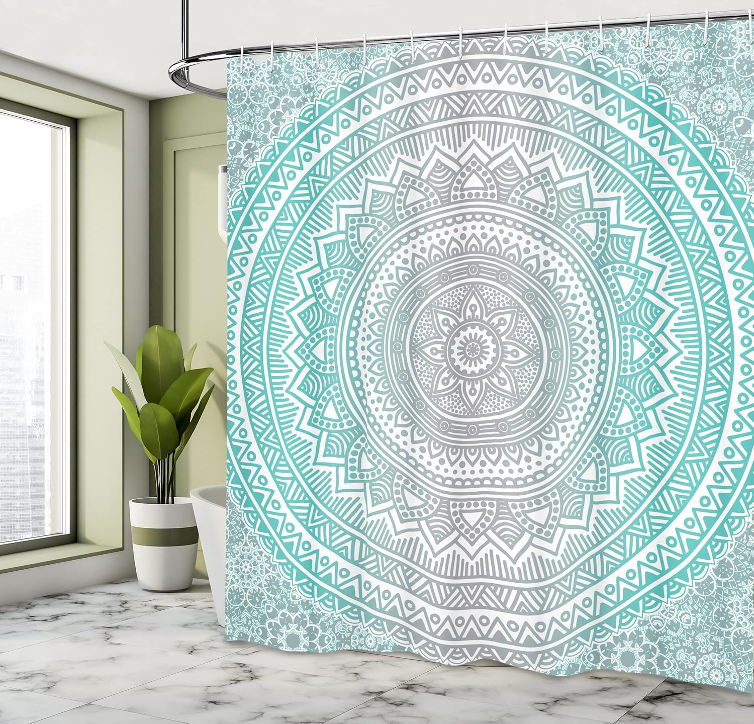 Ambesonne Grey and Aqua Shower Curtain, Ombre Traditional Universe with Tribal Geometric Mandala Art, Cloth Fabric Bathroom Decor Set with Hooks, 69" W x 70" L, Aqua Grey