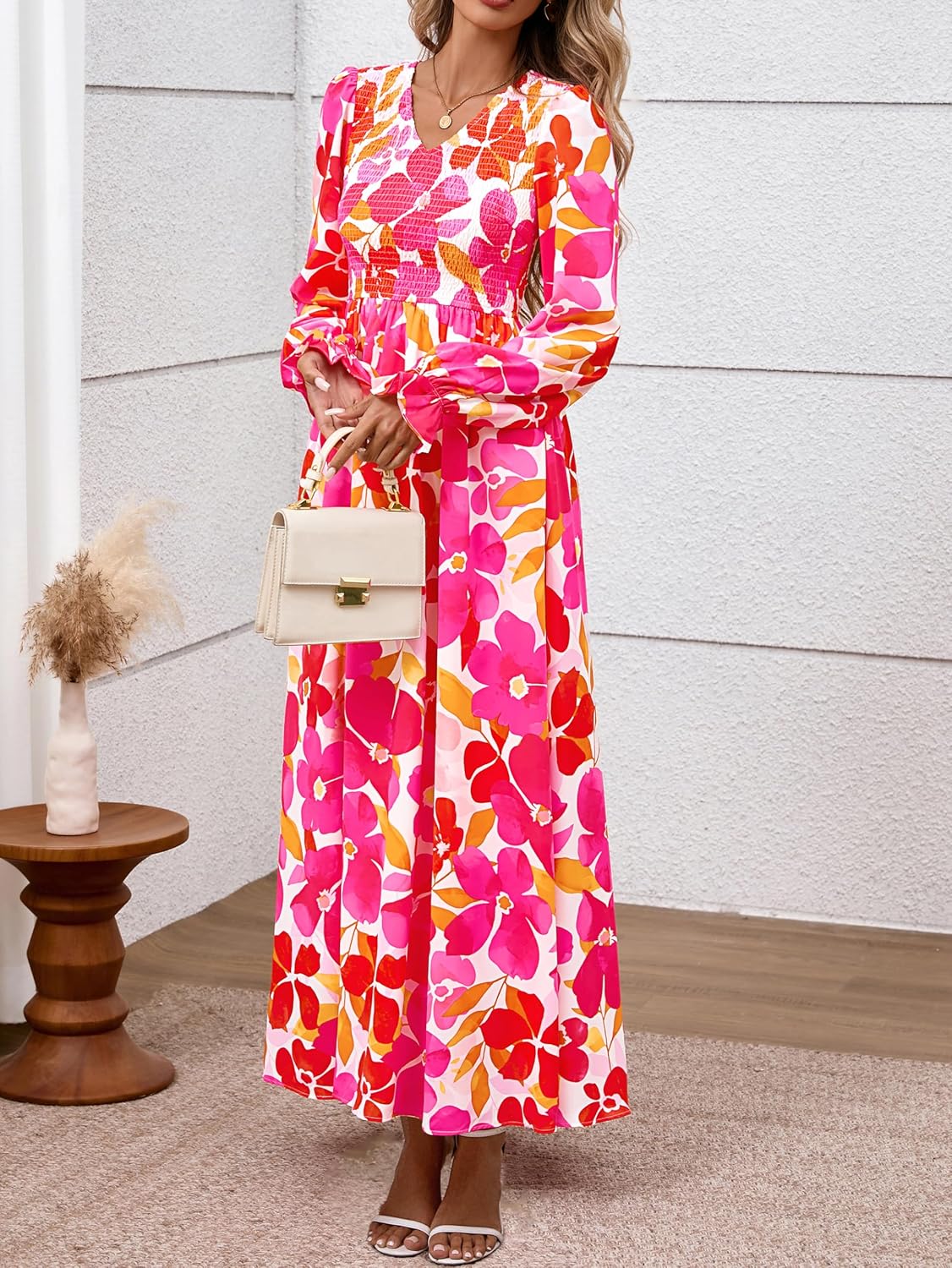 MASCOMODA Womens 2025 Fall Long Sleeve Floral Maxi Dress Casual Smocked V Neck Boho A Line Flowy Long Wedding Guest Dresses - Image 7