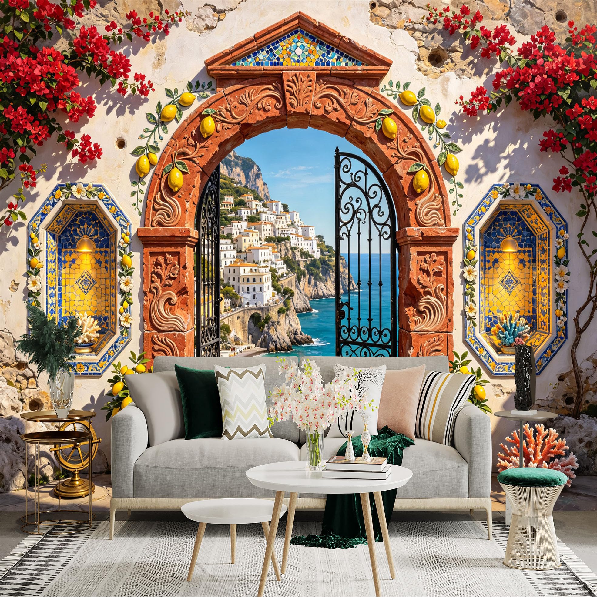 Custom Size Wall Sticker Mural， Mediterranean Coastal Archway， Ocean Cliff Village， Lemon Terrace， for wall Decoration， peelandstick wall Decals.