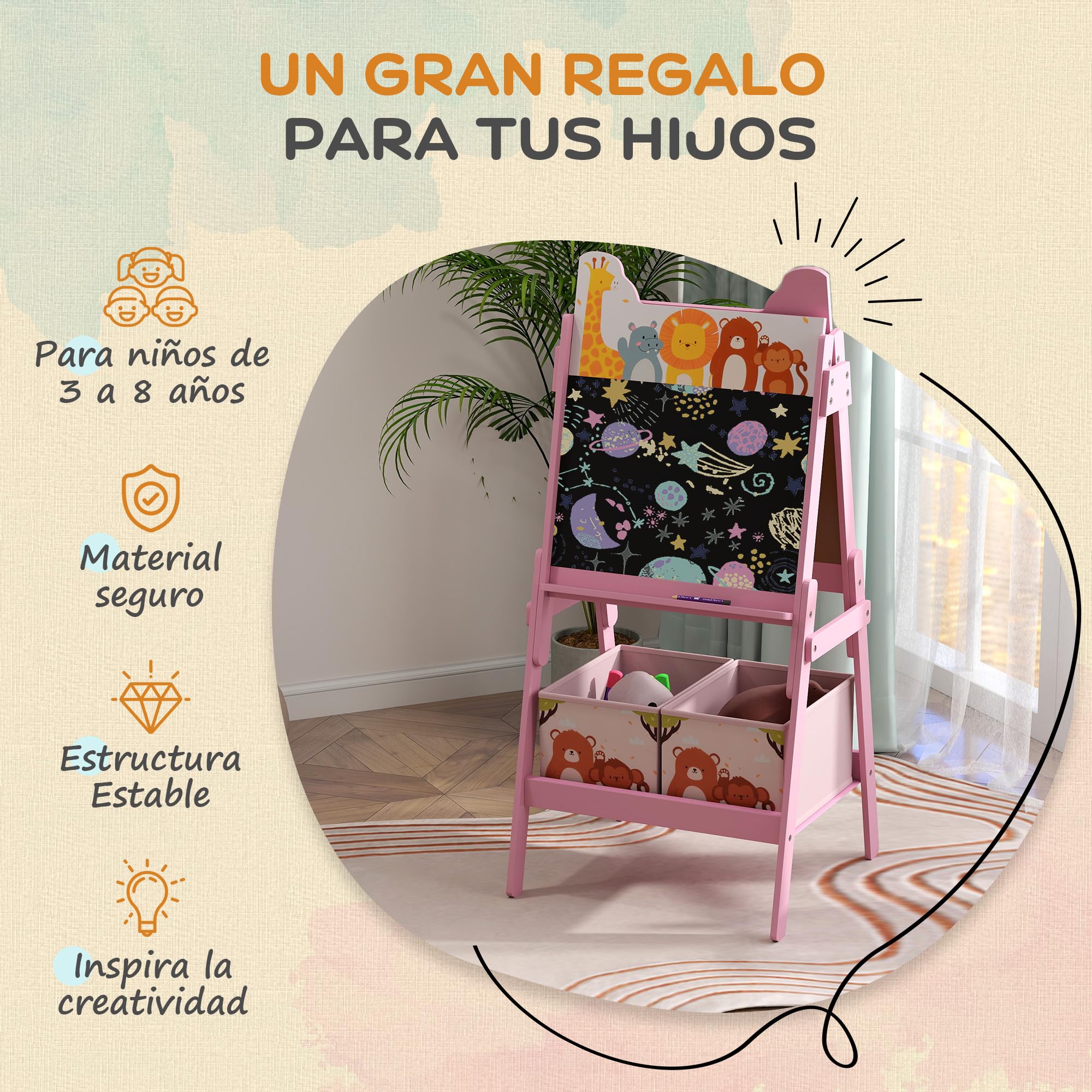 AIYAPLAY Pizarra Infantil Caballete 2 en 1 Doble Cara con Pizarra Blanca 2 Cestas de Almacenamiento Caballete Pintura Niños con Estampado de Animales 53,5x49x113 cm Rosa