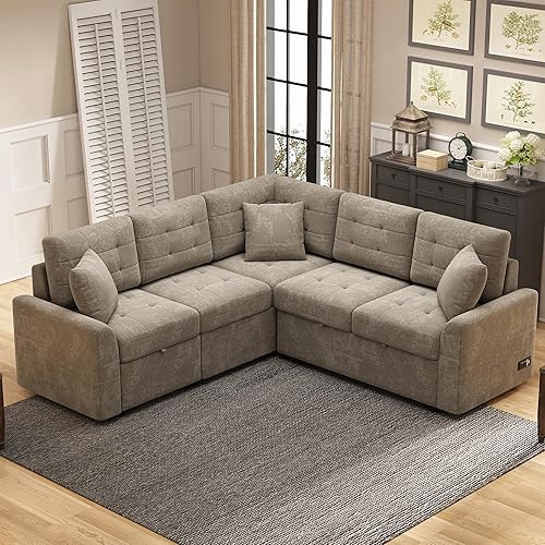 Vista 15 de Sofá cama modular reversible en forma de L de lino con otomana de almacenamiento, sofá cama convertible 2 en 1 extraíble con portavasos y puerto