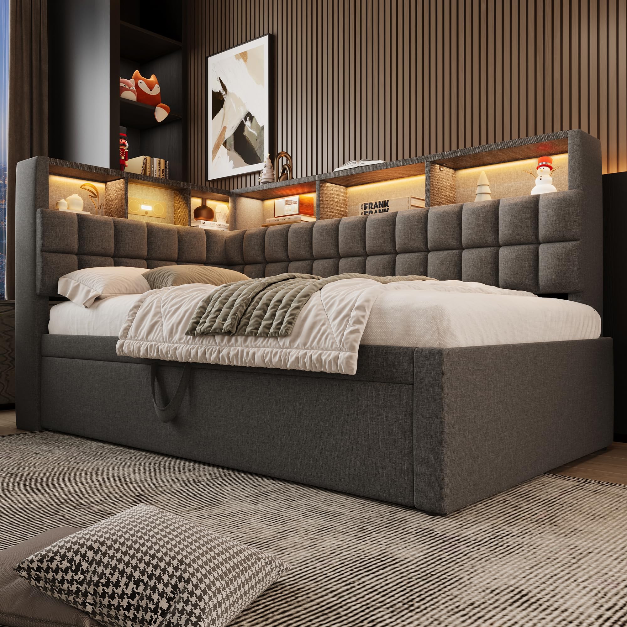 Kebnor Leinen Polsterbett 90x200 mit Ausziehbett 90x190, LED, Bluetooth-Lautsprecher, USB & Type-C Ladeanschluss, L-Kopfteil mit Stauraumregal, Schlafsofa/Gästebett, ohne Matratze (Grau)