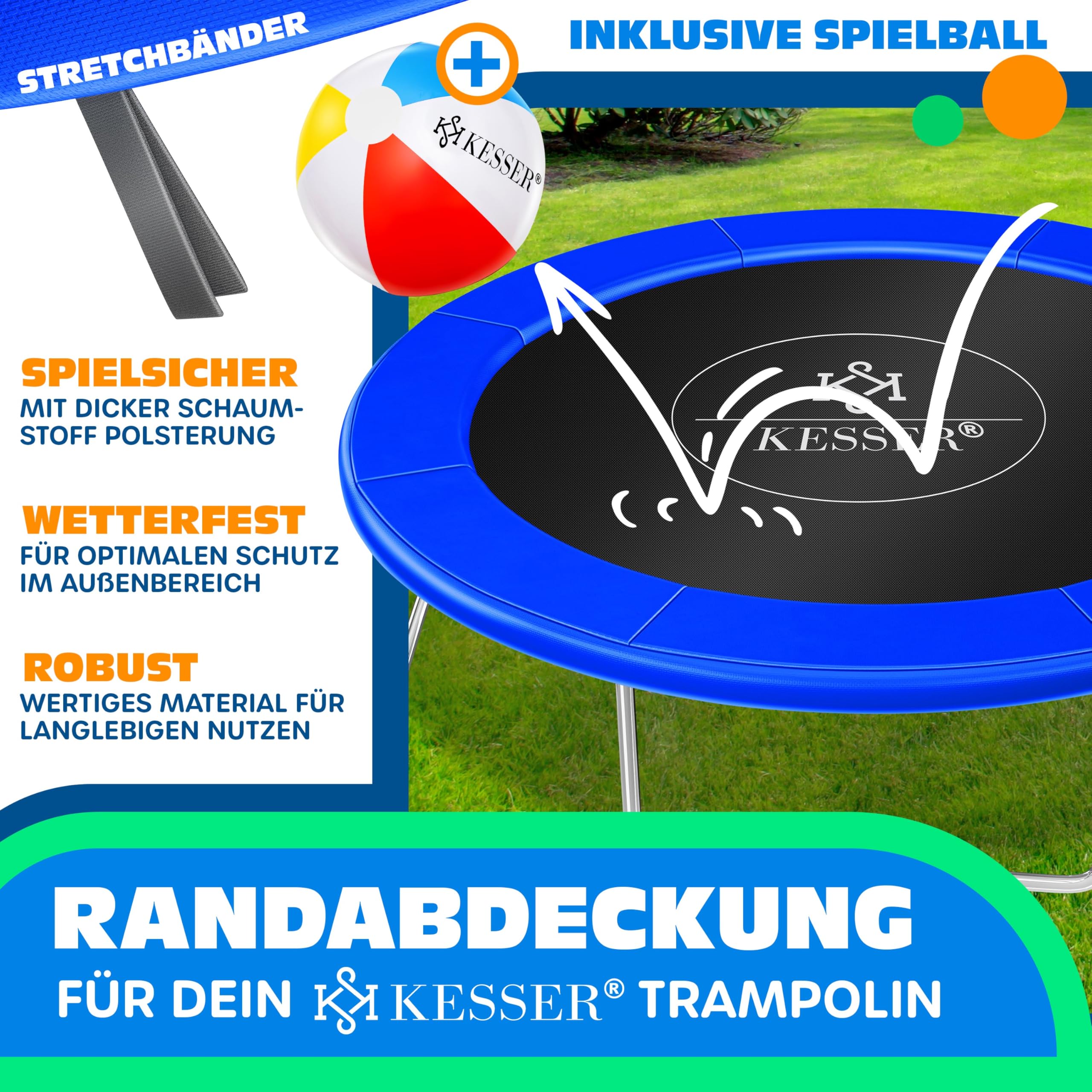 KESSER® - Couverture de Bord pour Trampoline Ø 244, 305, 366, 426 cm, Largeur 30cm 100% résistant aux UV indéchirable Couverture à Ressorts avec Ballon de Plage - 2
