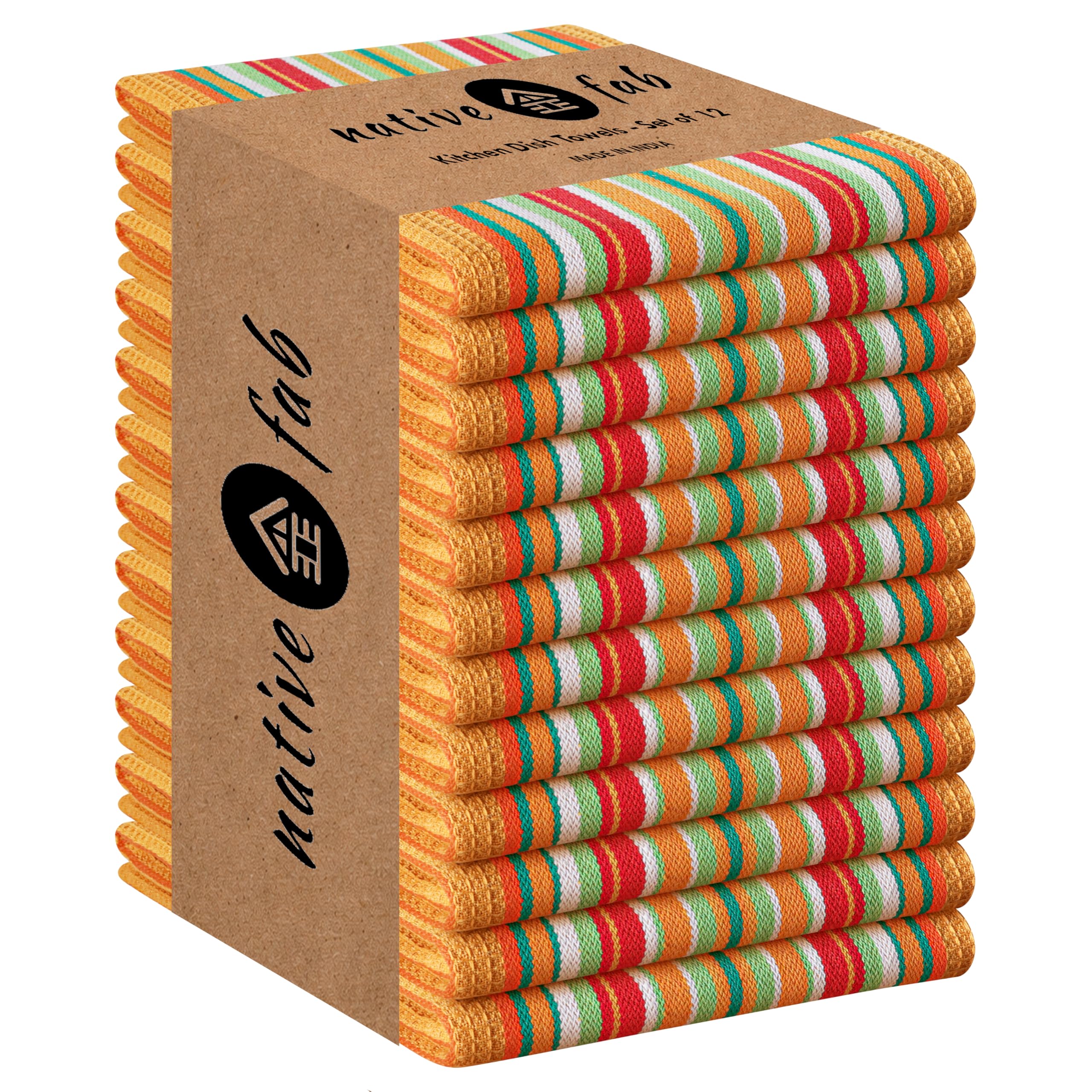 Native Fab Mexican Salsa Stripe Kitchen Towels, 12 Pack, 18x28 Inches, 100% Cotton, Soft, Super Absorbent Dish Towels for Drying Dishes, Everyday Kitchen Use, Reusable, Washable, Mustard Yellow