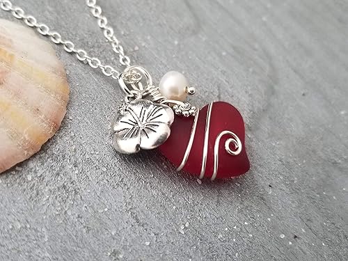 Miniatura 6 de Handmade in Hawaii, Ruby Red Heart Sea Glass wire wrap Necklace, Hibiscus and Natural pearl,"July Birthstone", (Hawaii Gift Wrapped, Customizable