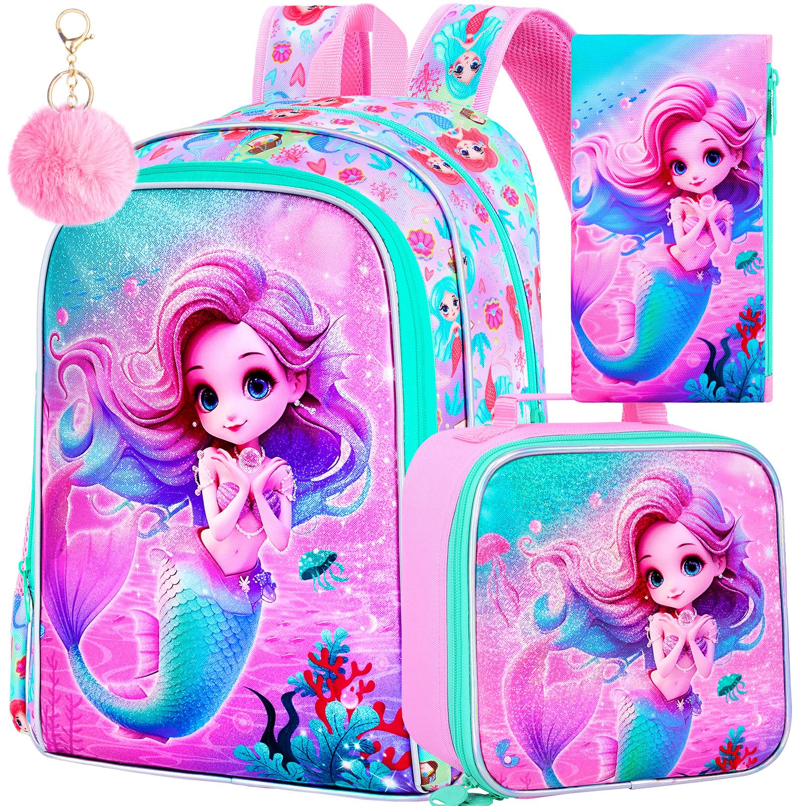 KLFVB 3PCS Mermaid Backpack, Water Resistant Kids Bookbag with Lunch Box for Girls, 16" Preschool Backpacks for Elementary - Mermaid Pink