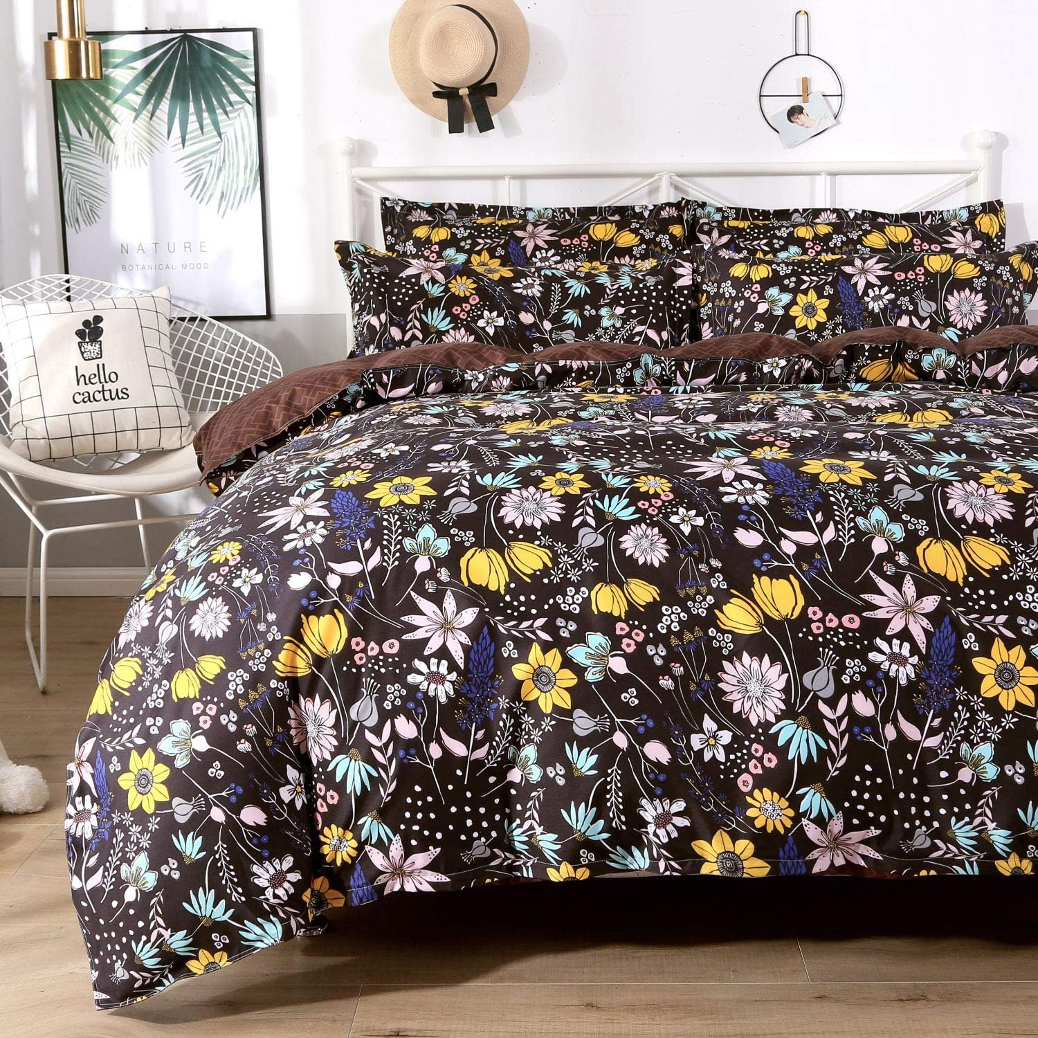 Colorxy Floral Lightweight Duvet Cover 3 Piece Set - Ultra Soft Microfiber Reversible Flora Printed Comforter Cover with Zipper Closure, Corner Ties and 2 Pillow Sham, King (104x90 inches)