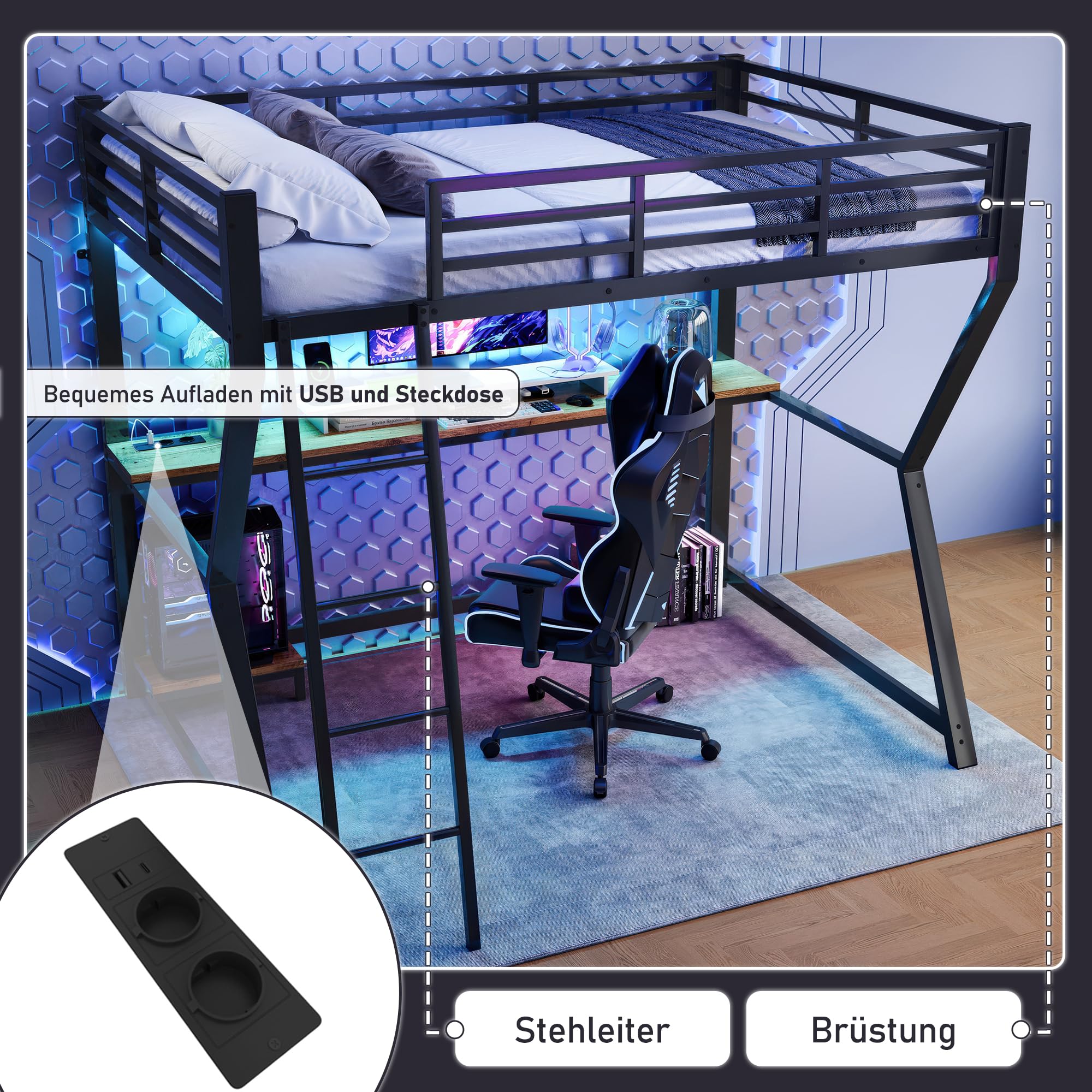Letto a castello Letto singolo 90x200, Letto per bambini con letto a castello con luce LED e stazione di ricarica USB e scrivania e scaffale per console del computer, Letto in metallo singolo