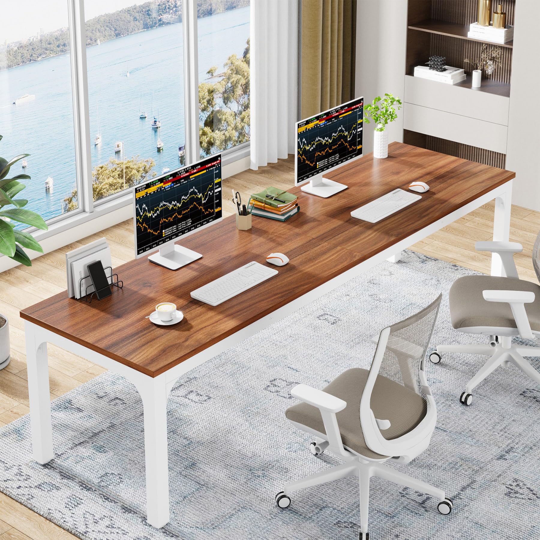 Tribesigns 78.7 Inches Extra Long Computer Desk 2 Person Desk, Double Long Desk, Workstaion for Home Office (Walnut+White)