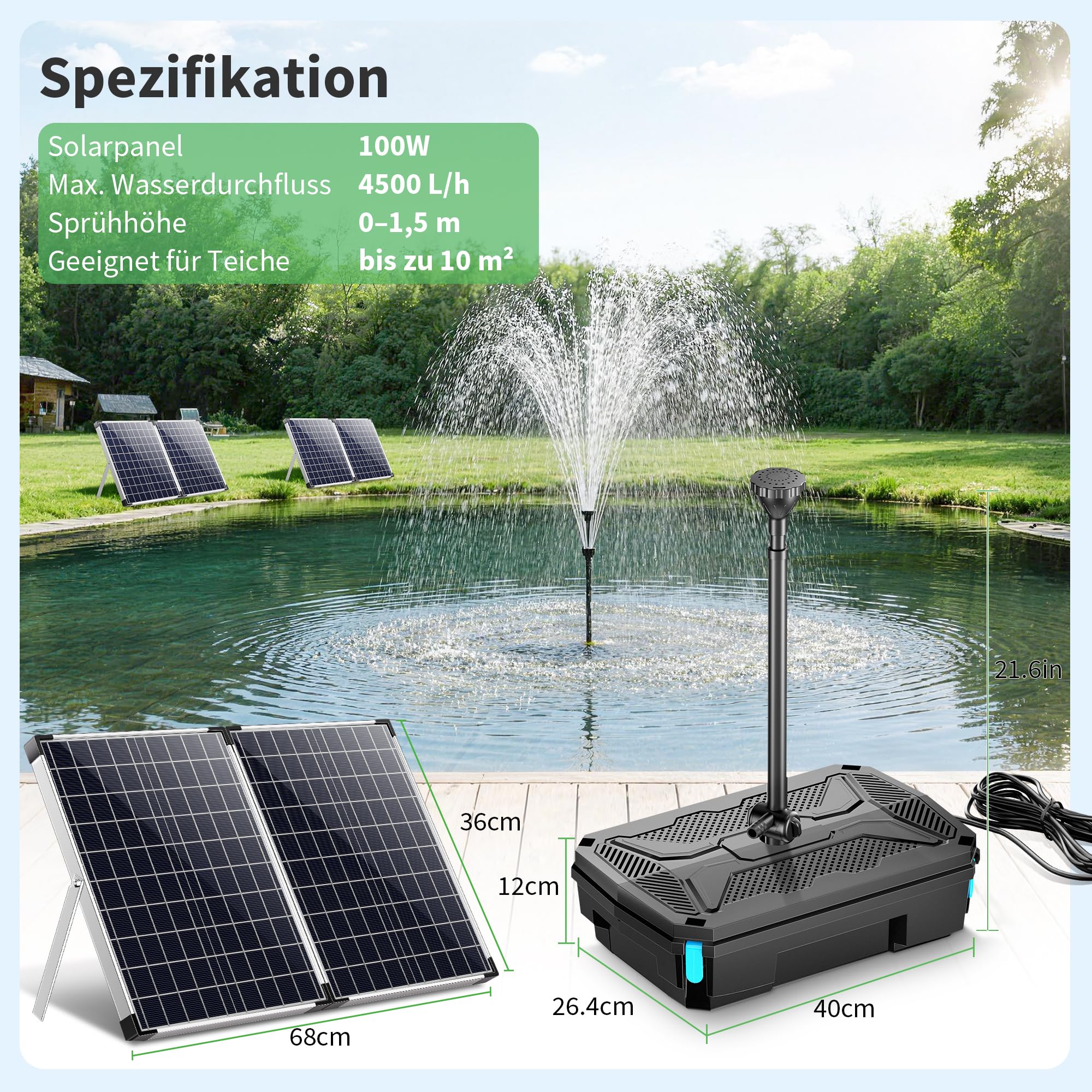 POPOSOAP Solarny filtr do stawu 100 W i pompa do fontanny, pompa głębinowa 4500 l/h z 4-stopniowym filtrowaniem i 3 dyszami do stawów ogrodowych, akwariów i wodospadów