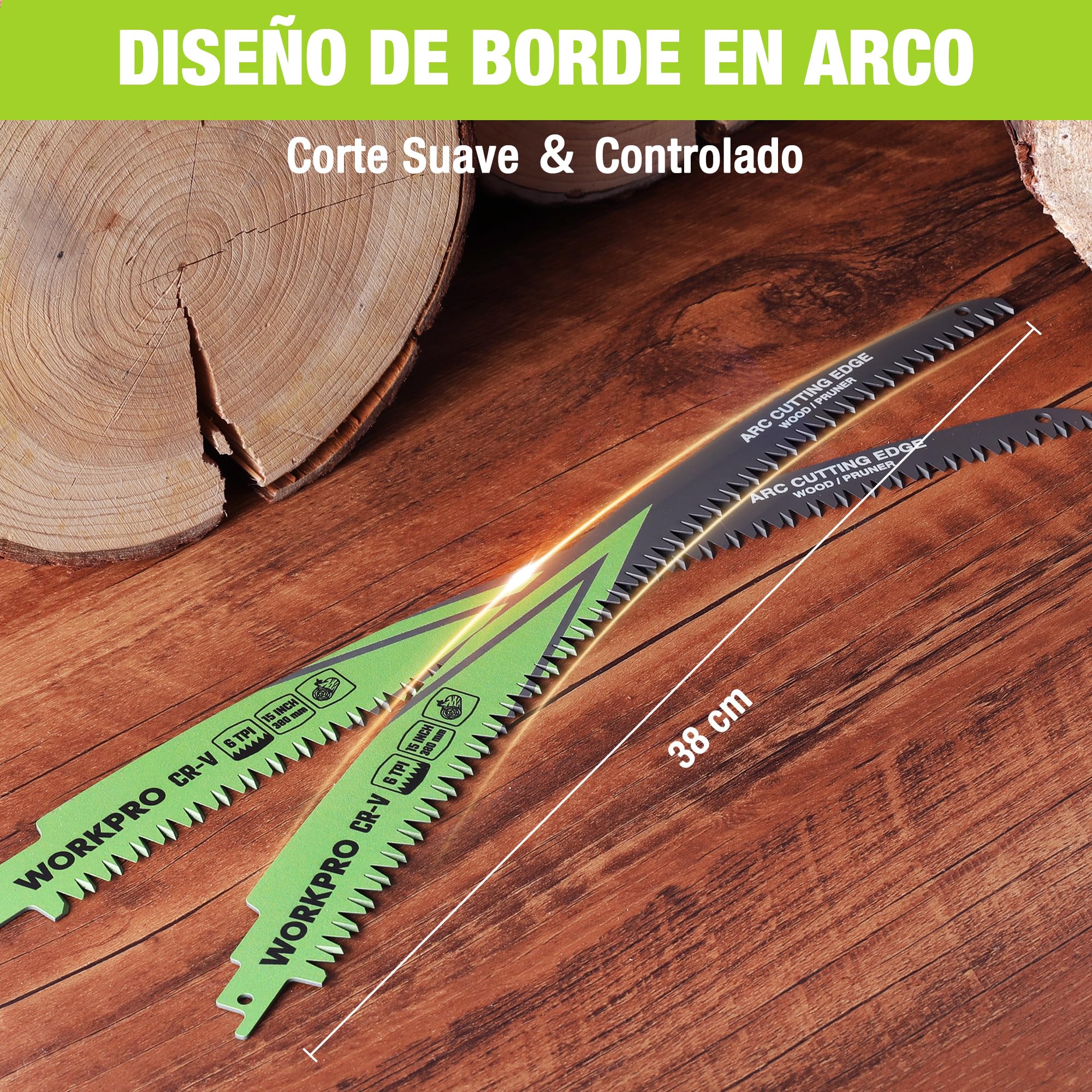 WORKPRO 5-Piezas Hojas de Sierra de Sable, Cuchillas de Sierra de Cr-V para Poda de Madera, Hojas de Sierra para Cortar Ramas, Hojas de 38cm, 6TPI, Compatible con la Mayoría de las Sierras de Sable