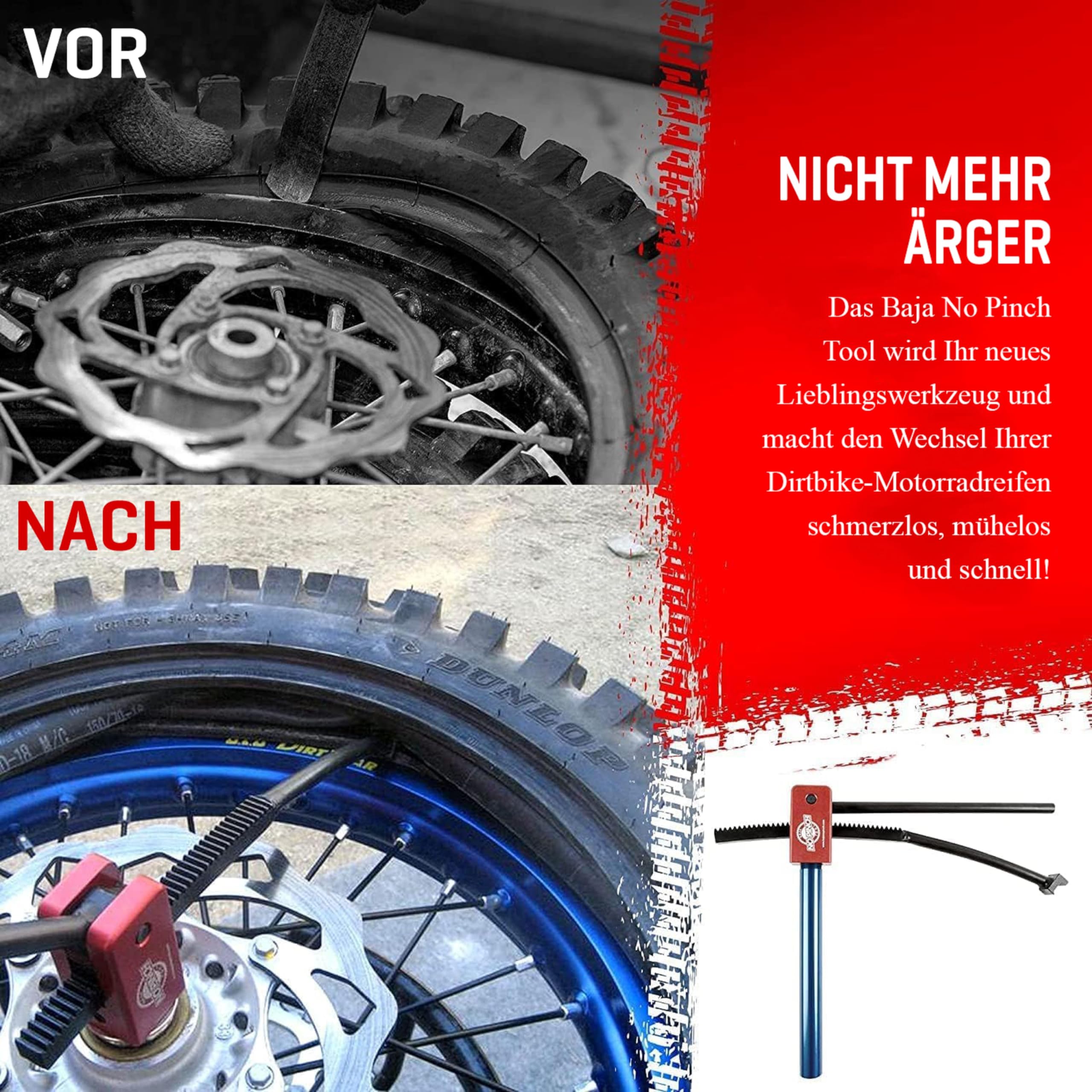 Baja No Pinch Dirtbike-Reifenwechselwerkzeug | Motorrad-Reifenwechsler | Reifenwechselwerkzeug für 16-21-Zoll-Crossbike-Räder | Passend für 20-mm-Achsen – Ideal für Enduro, Motocross und Offroad