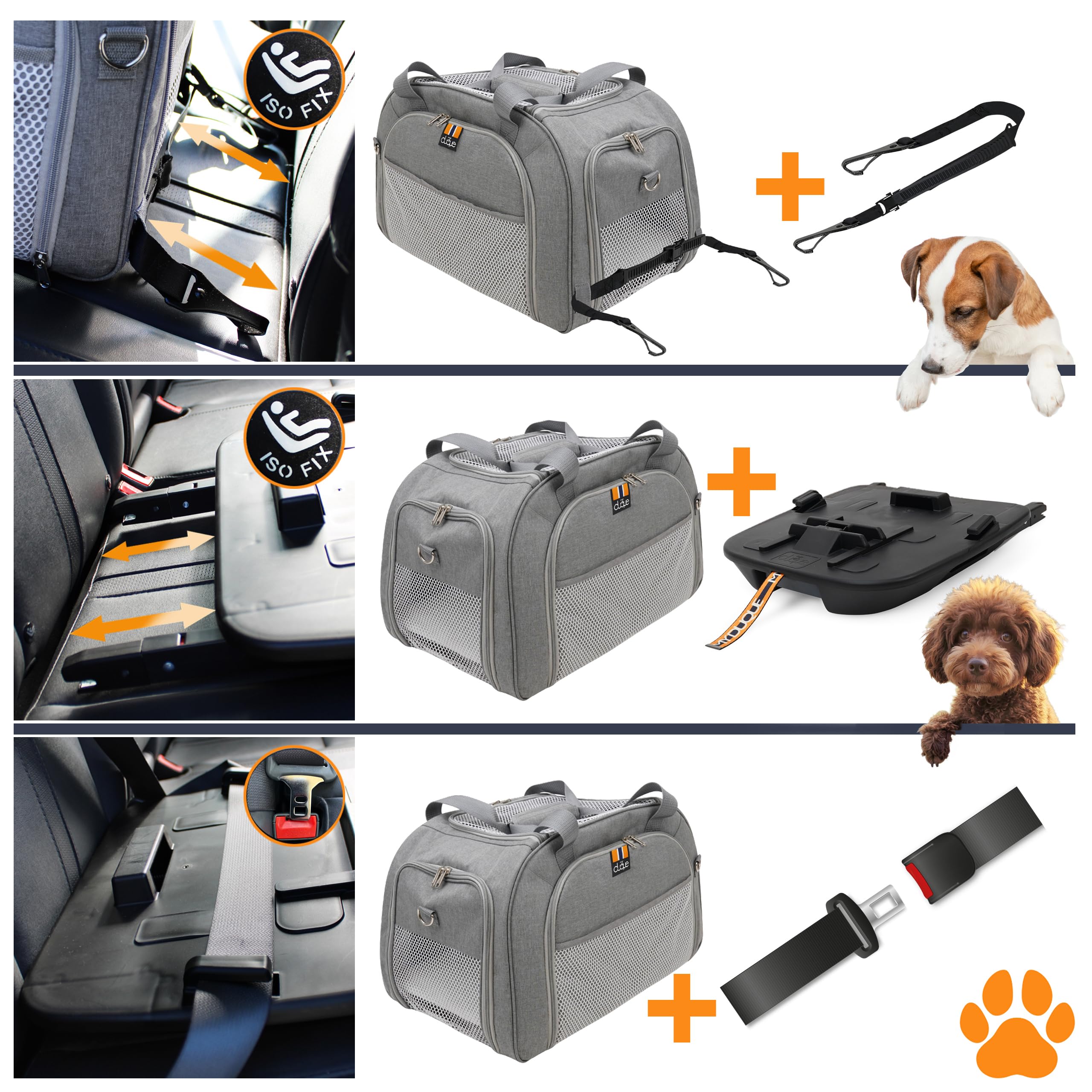 Car-GO Panier Chien et Sac de Transport pour Chat | Cage pour Chien avec Base ISOFIX, Accès Avant/Arrière, Côtés Extensibles pour Petits Animaux | Bandoulière - Gris
