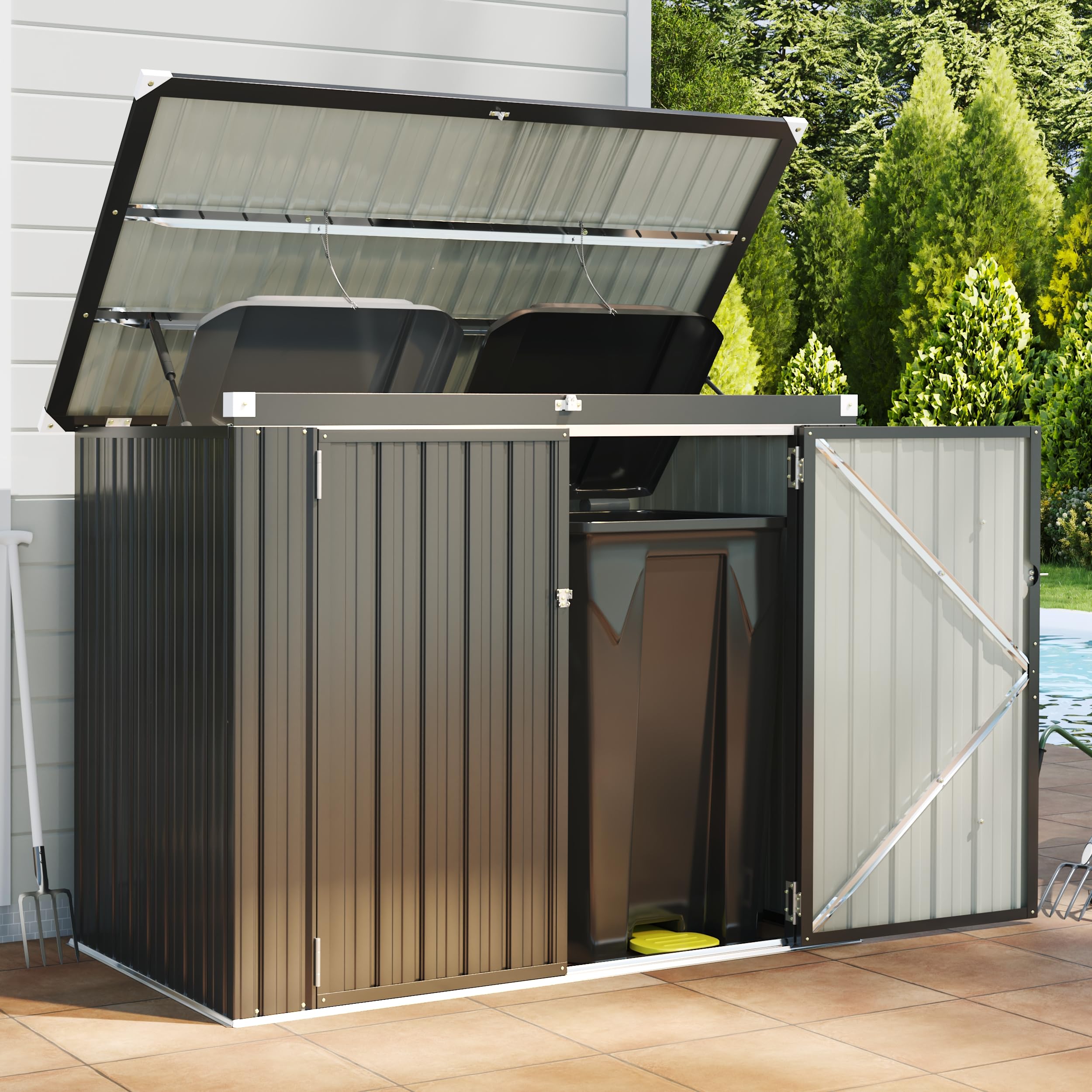 Outdoor Trash Can Storage Shed - Metal Waterproof Outdoor Garbage Can Organizer with Chain Lid, Ideal for Trash Bins, Toys, Garden Tools for Garden/Backyard/Patio