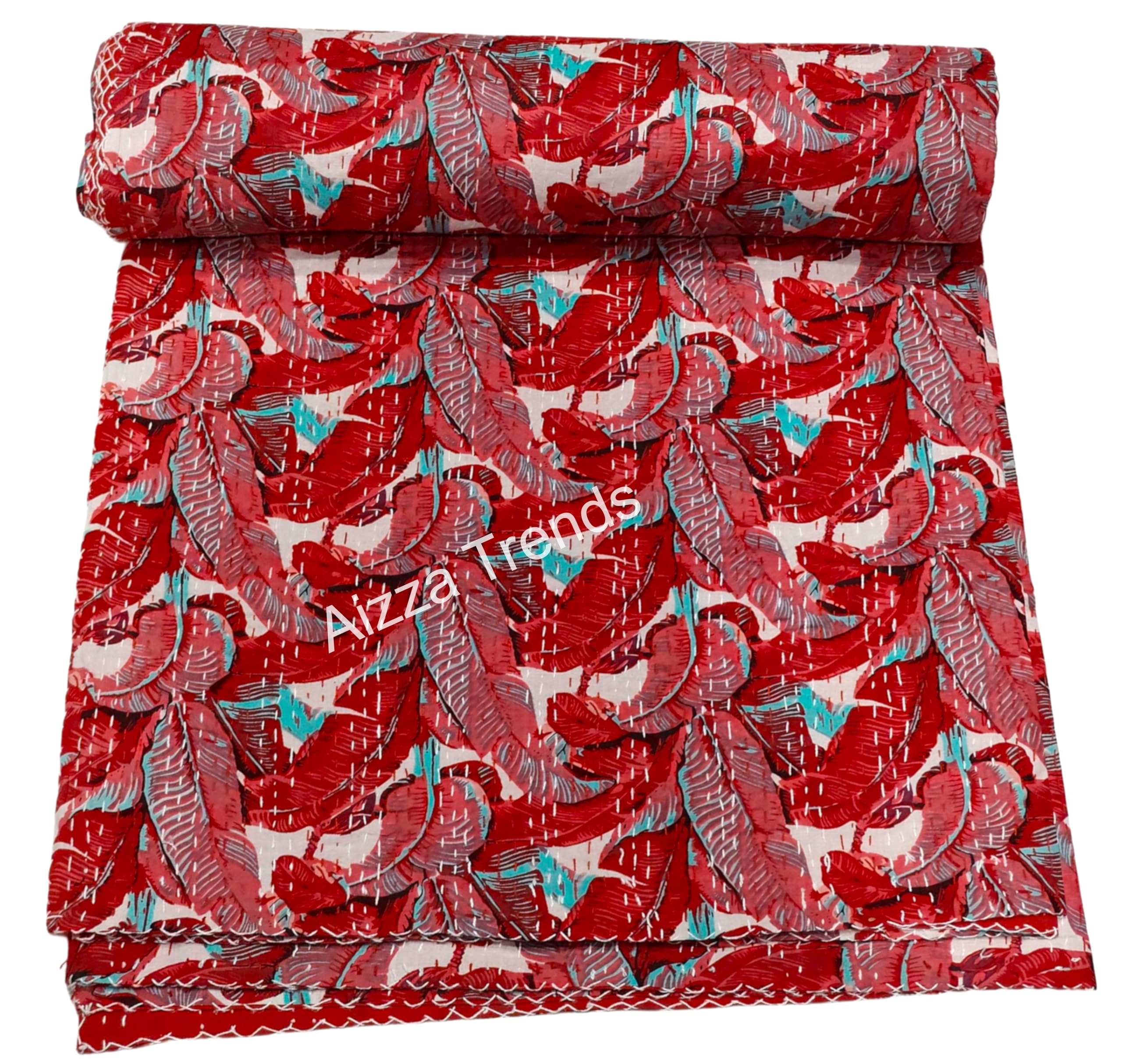 Couverture indienne Kantha en coton imprimé feuilles pour déco bohème