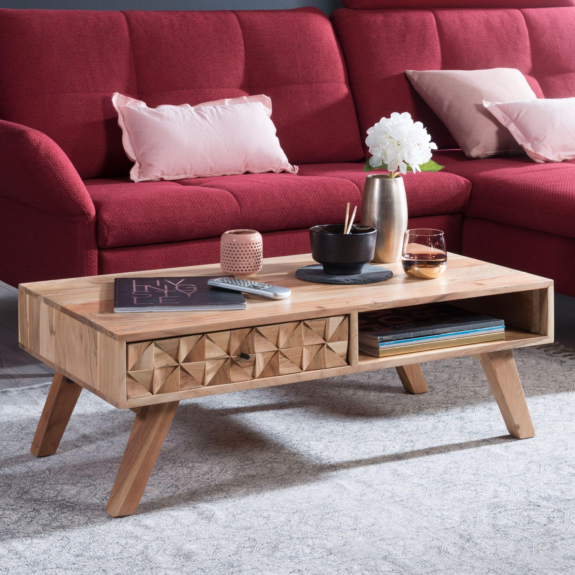 FineBuy Couchtisch 95x50x35 cm Akazie Massivholz mit Schublade | Wohnzimmertisch mit 3D-Front und Ablagefach, Sofatisch im Landhausstil, Echtholz handgefertigt, Unikat