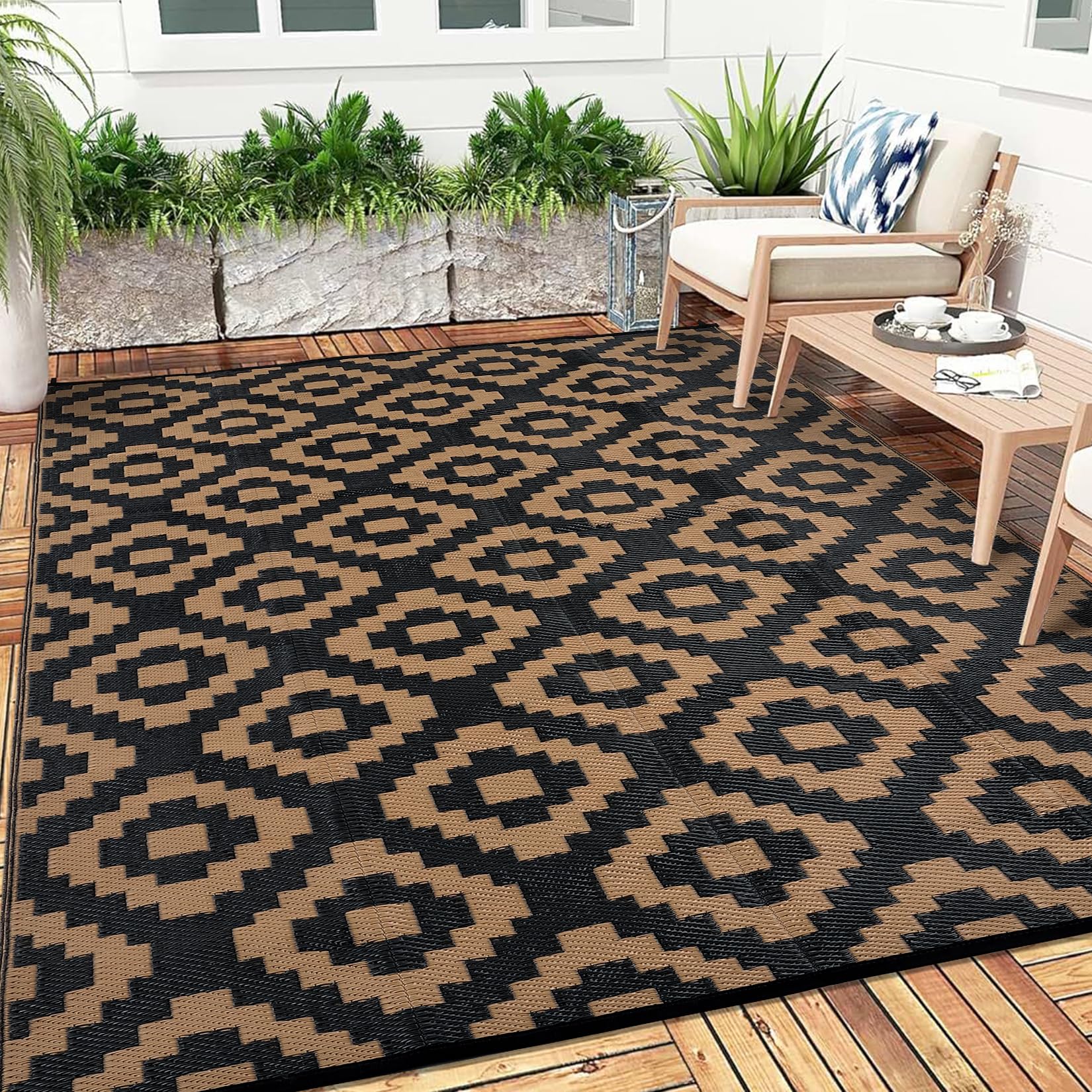 GlowSol Waterproof Outdoor Rug 9x18 Reversible Outdoor Plastic Straw Rug Camping RV Carpet Outside Modern Geometric Foldable Patio Mat for Porch,Deck,