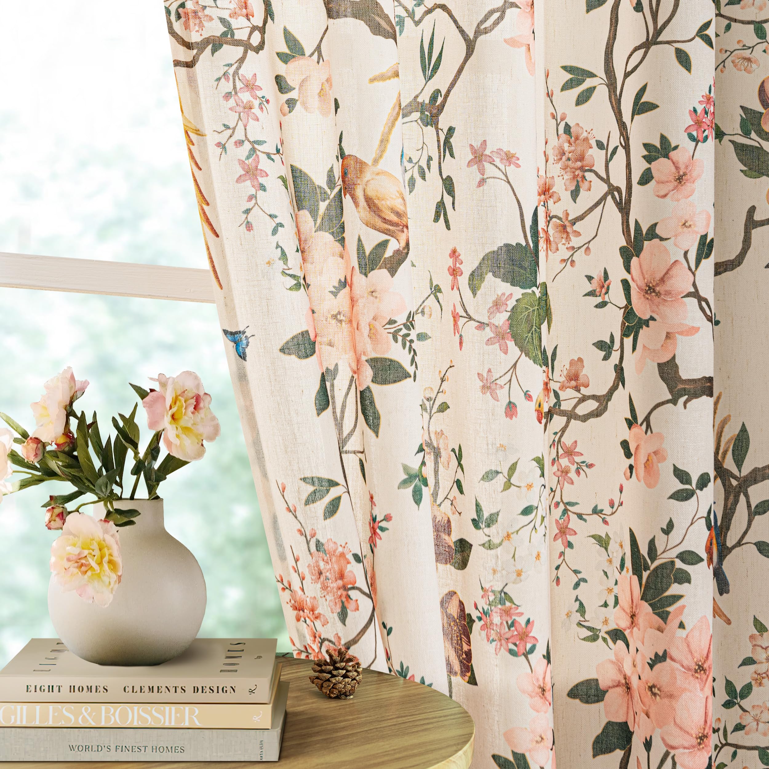 Beige Tan Floral Bird Linen Curtains 63 Inch 2 Panels Set for Living Room | Rod Pocket,Back Tab,Leaf Butterfly,Flower Patterned,Light Filtering,Semi Sheer,Sand Cream,Window Drapes for Dining Bedroom
