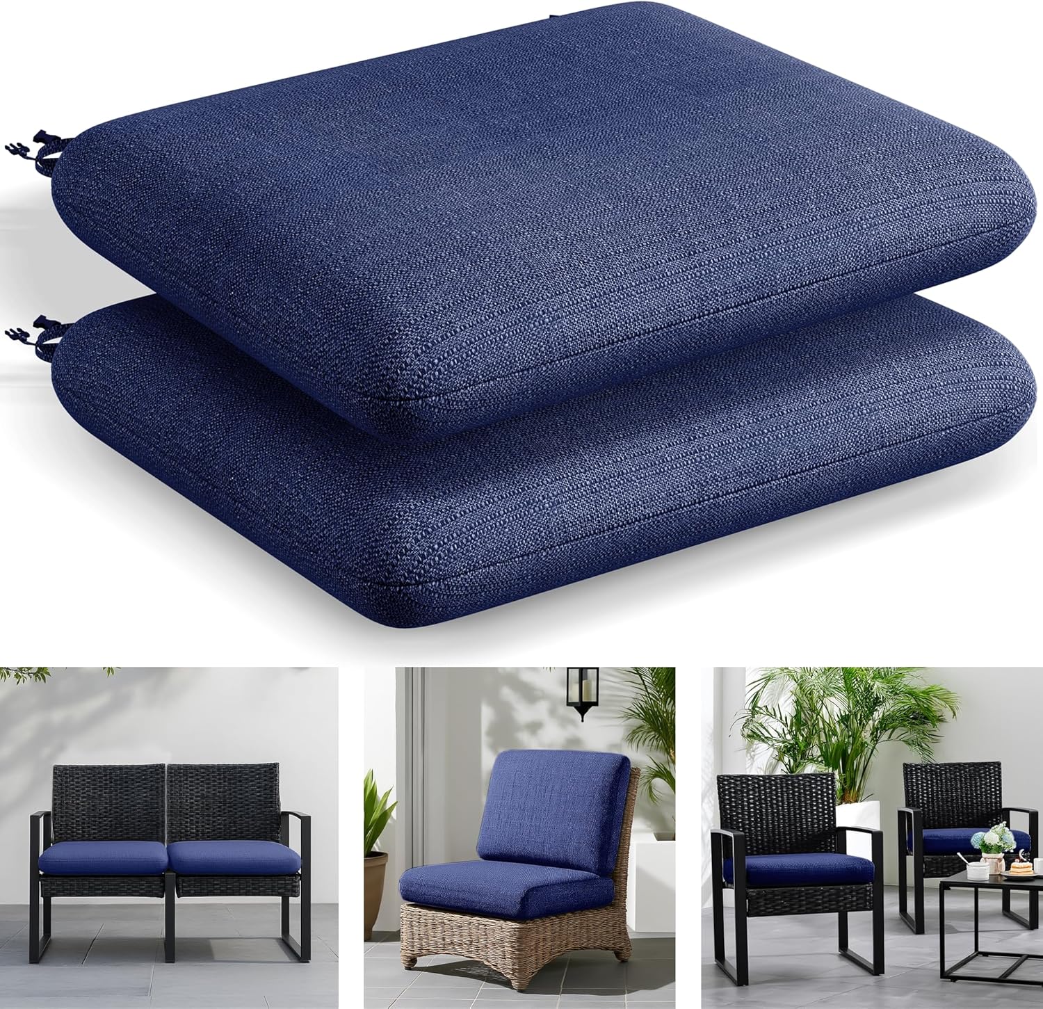 Codi 22''x22'' Outdoor Chair Cushions for Patio Furniture, Set of 2, Heavy Duty Slub Fabric Seat Pads, Water Repellent & UV Resistant for All-Weather, Navy Blue