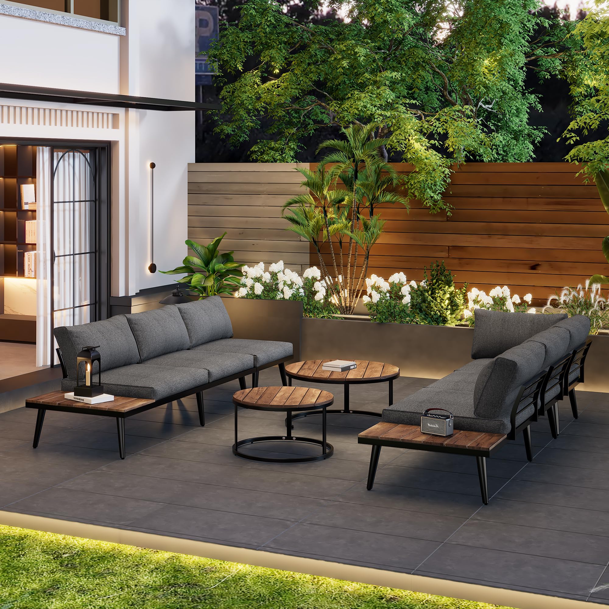 Salon de Jardin Exterieur 6 Places,Ensemble de Meubles d’Extérieur pour 7 à 8 Personnes avec 2 Canapé 2 Places,2 Canapés 1 Place,2 Table à Manger et Coussins
