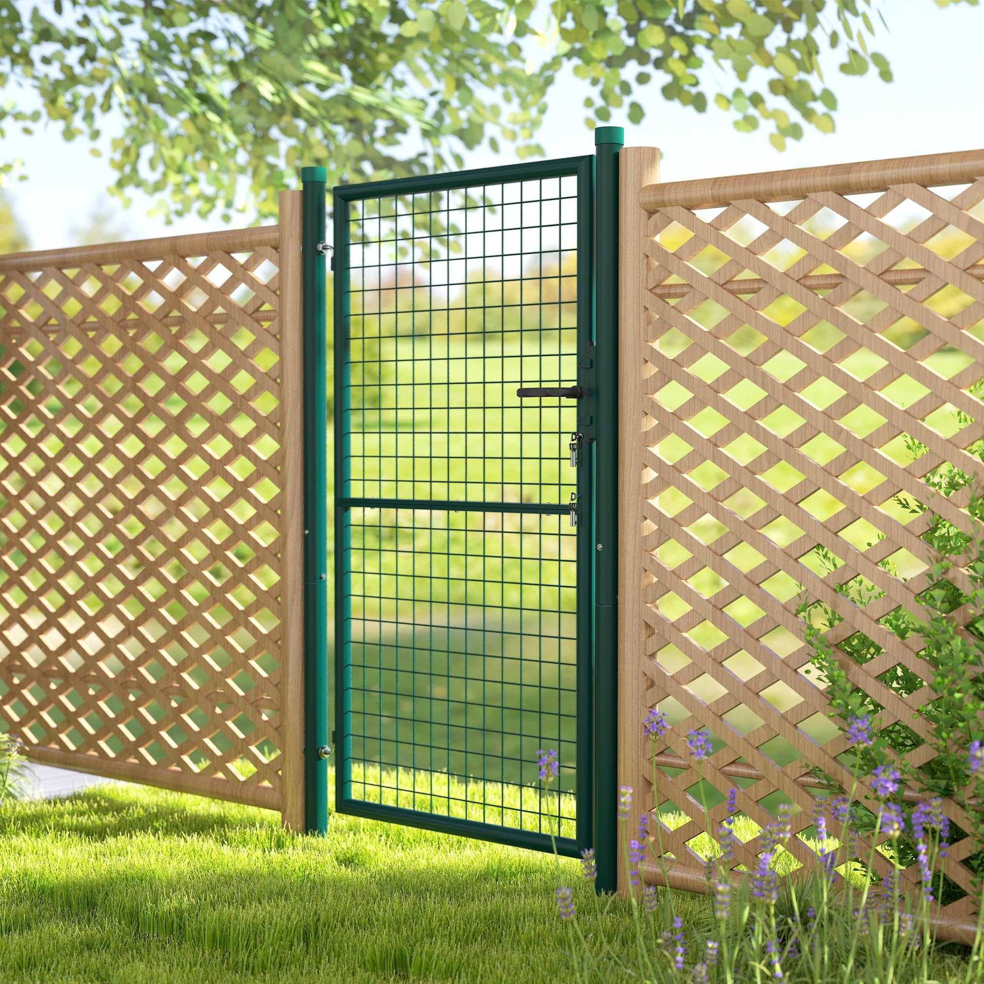 Outsunny Cancello da Giardino in Acciaio 97x200 cm, Cancelletto da Giardino con Serratura, 3 Chiavi, Maniglia e 2 Pali, Cancello Esterno per Ingresso Cortile e Terrazzo, Verde
