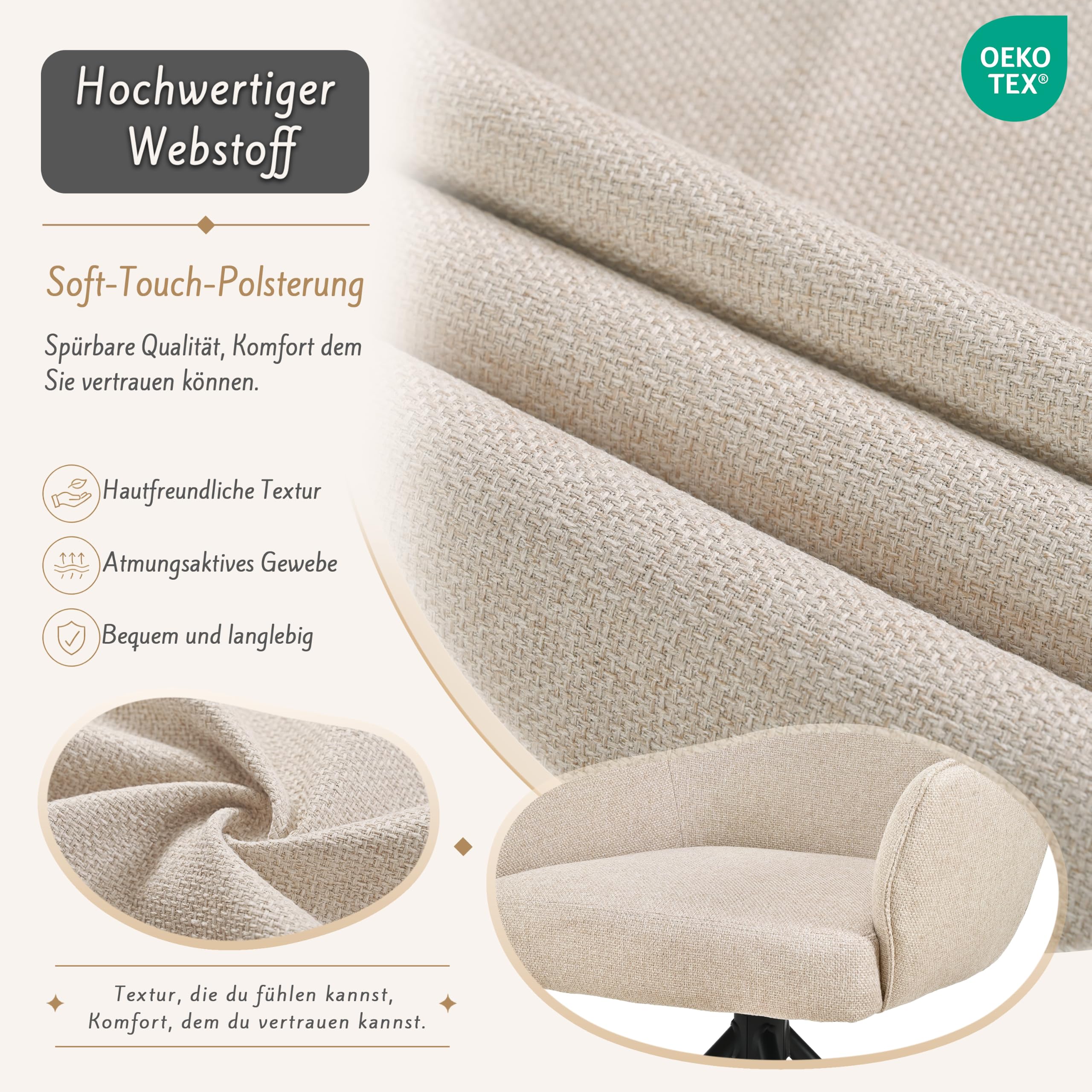 Esszimmerstühle Drehbar 2er Set mit Armlehne, gepolsterte Esszimmerstuhl mit hoher Rückenlehne für Esszimmer & Wohnzimmer, Büro, Beige