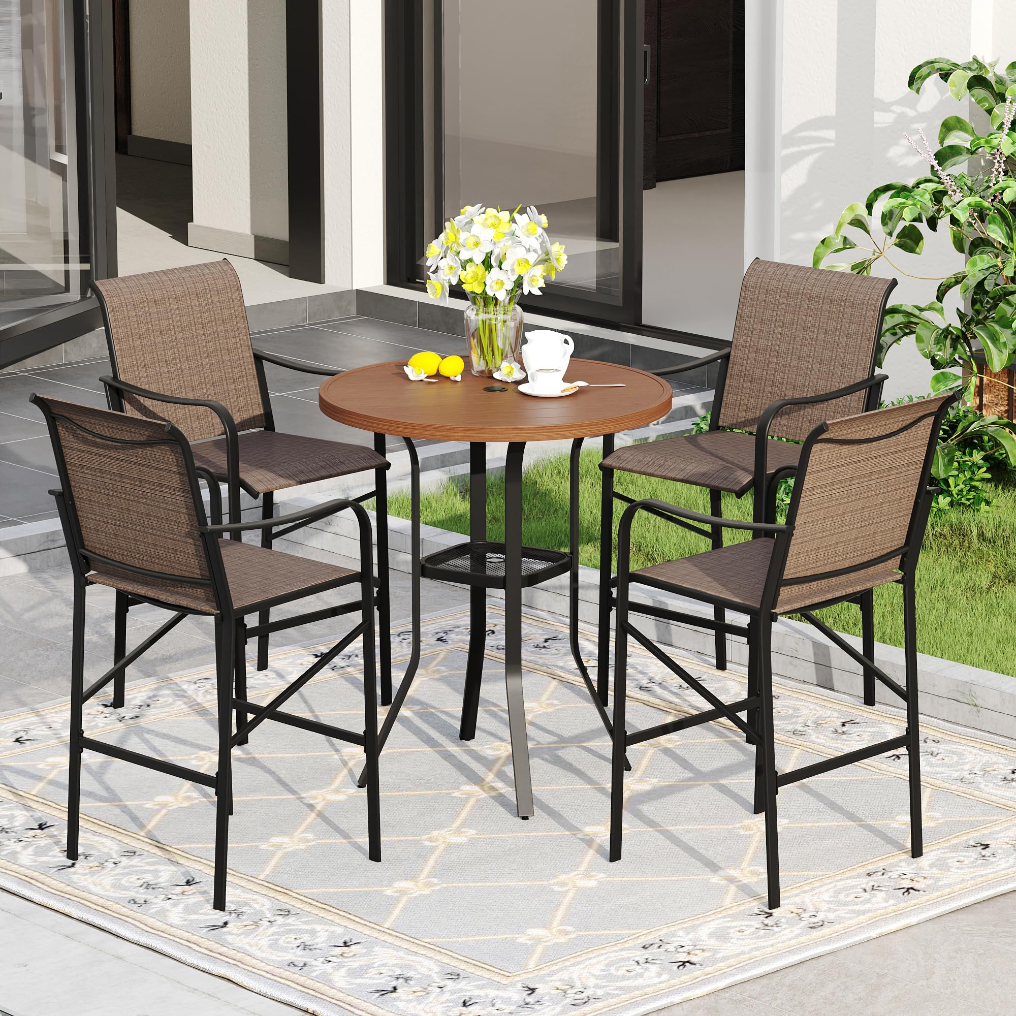 DIFY 5 Pieces Patio Bar Set for 4, 35.4" Walnut Round Metal High Top Table and 4 Brown Textilene Bar Stools with Curved Armrests for Garden Balcony,