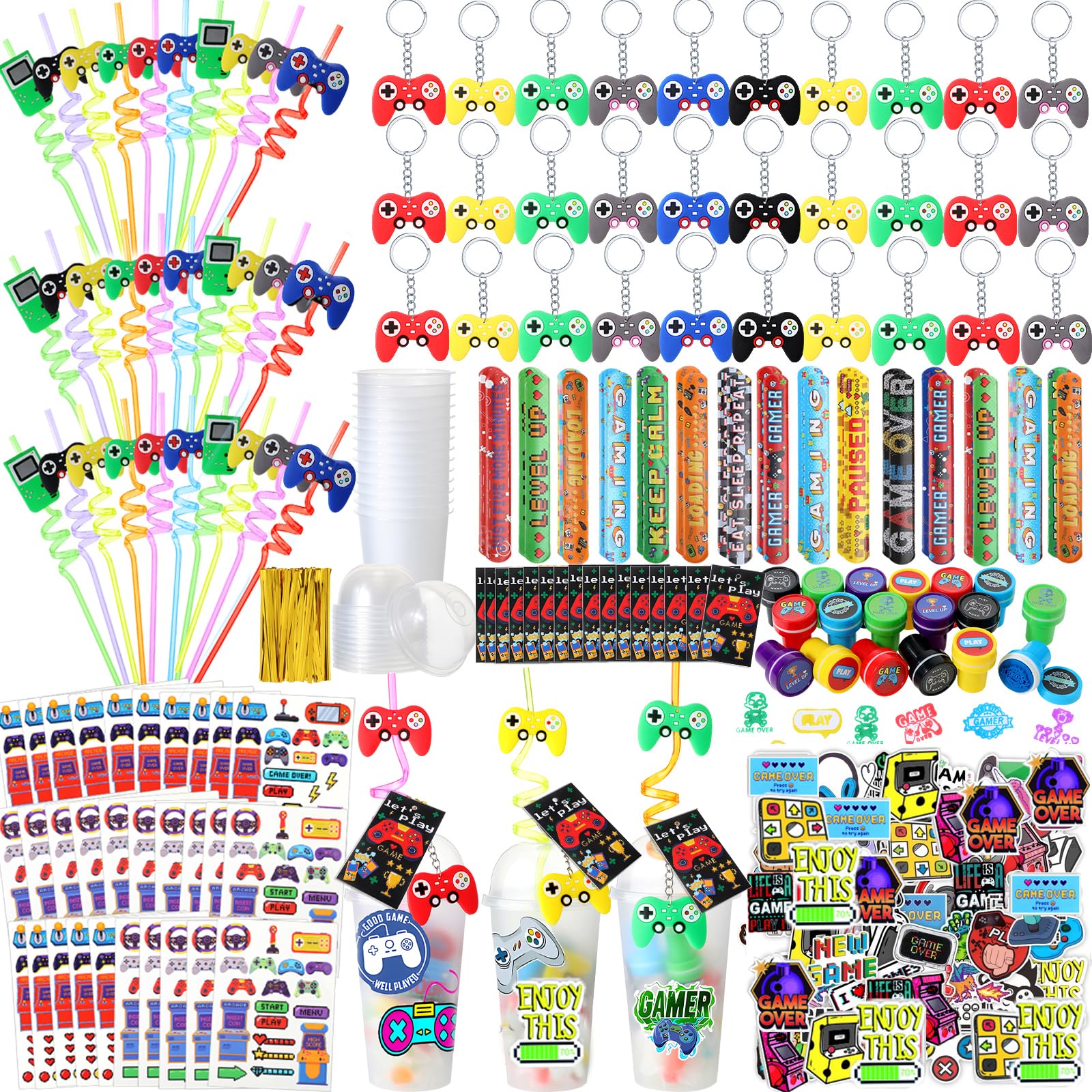 Video Game Party Favors Set Includes Reusable Gamer Drinking Straws Cups Tattoos Slap Bracelets Keychains Gift Tags Stamps Stickers Twist Ties for Kids Gamer Birthday Party (Classic,212 Pcs)