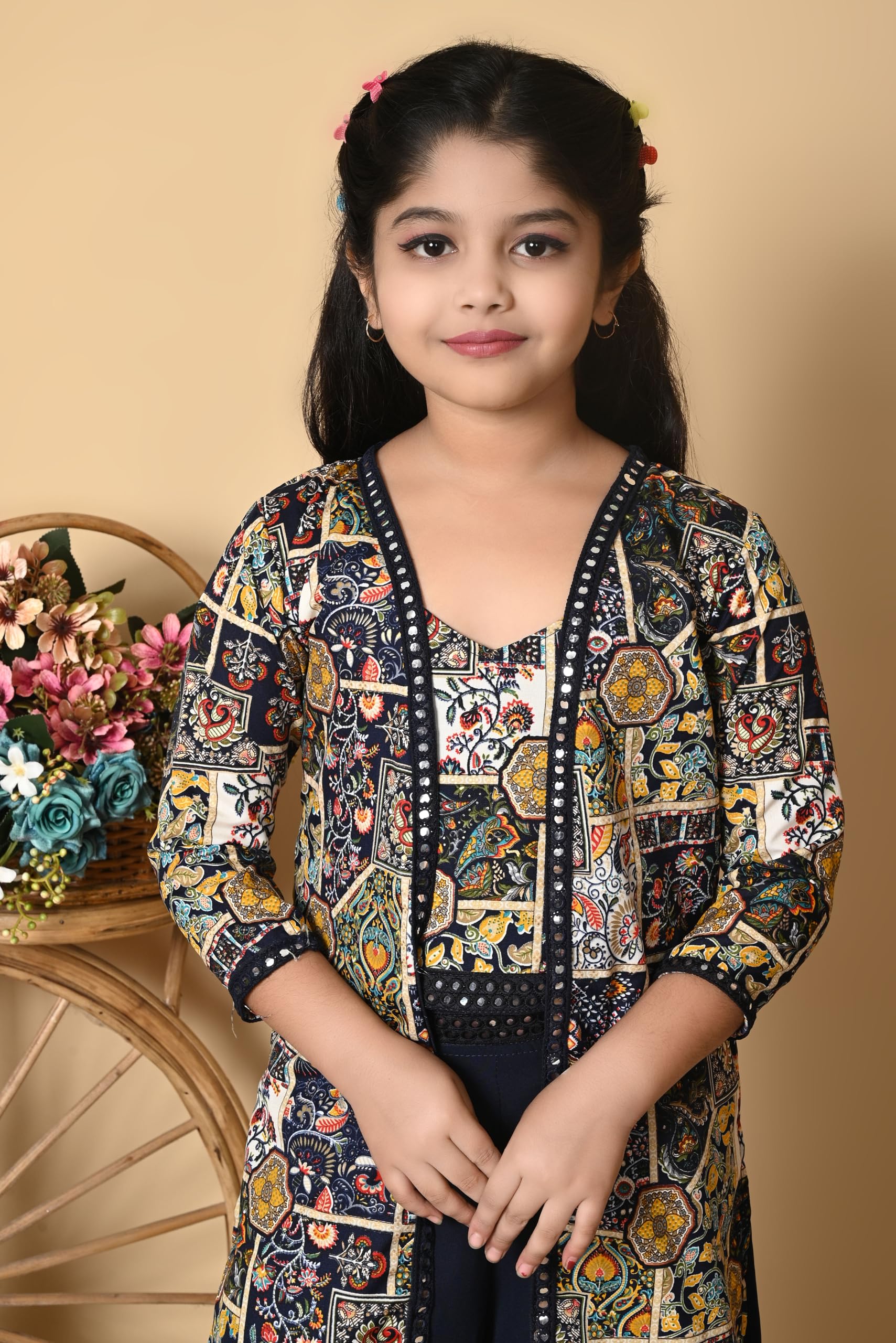SPAMitude - Girls Self Designed Premium Cotton Blend Top Pant Jacket | 3pcs Party Dress for Girls I V Neck Stylish Sleeve Design Dress for Birthday Girl (Navy Blue, 12-13 Years) - Image 5 thumbnail