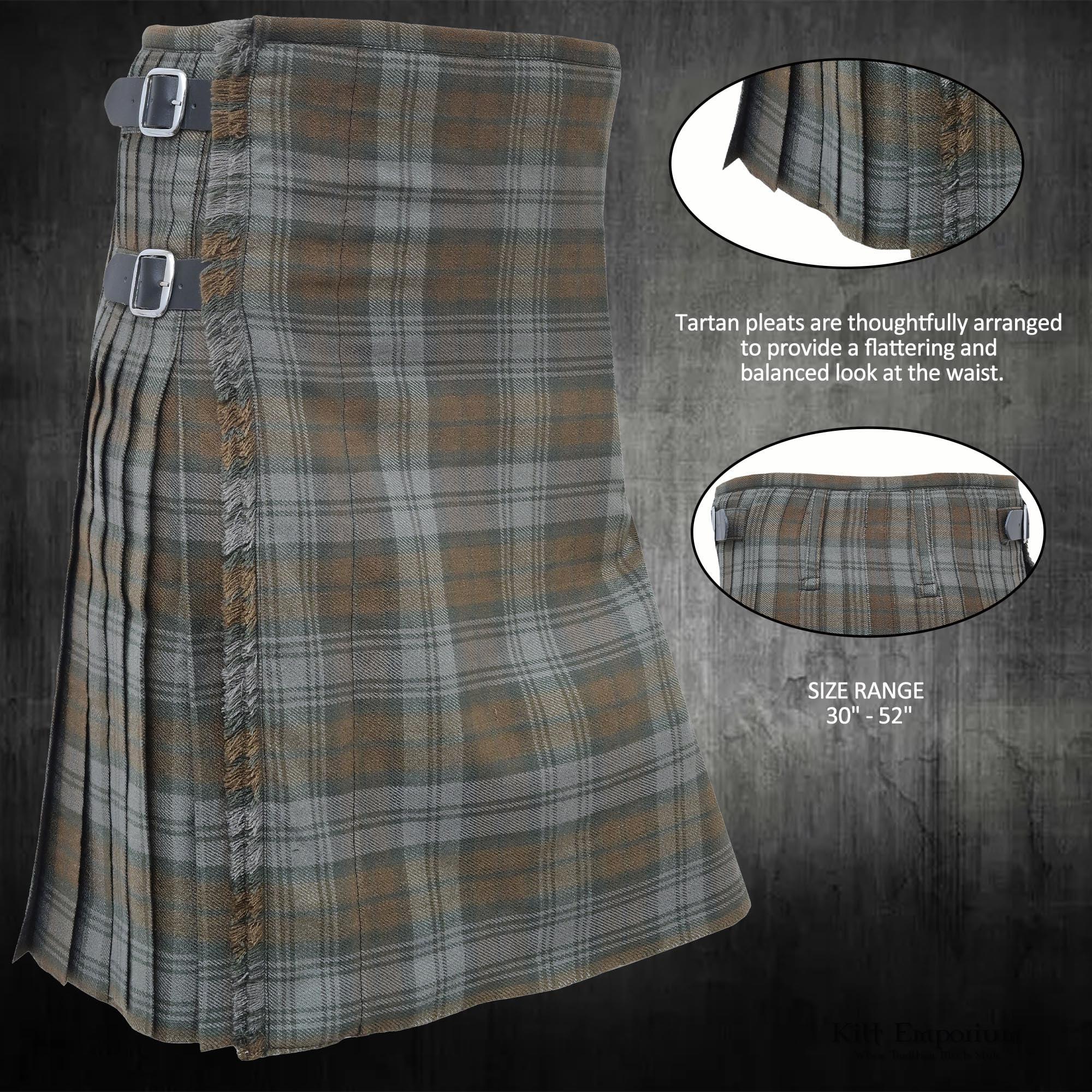 Kilt da uomo – Tradizionale tartan scozzese 4,5 m, lana acrilica di alta qualità, realizzato a mano con 3 cinturini in pelle, include flash per kilt e spilla da kilt